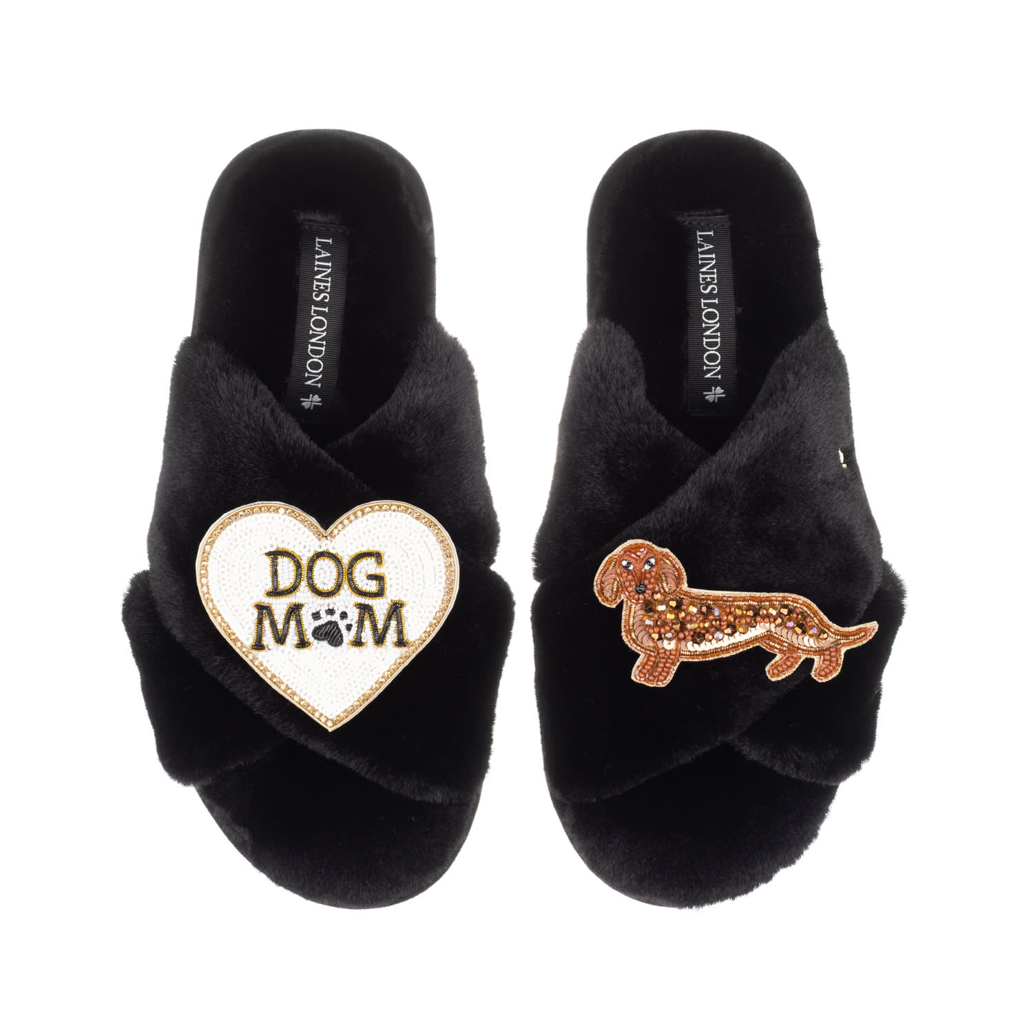 Laines London Women's Classic Laines Slippers With Dog Mum/mom & Red Dachshund Brooches - Black In Black