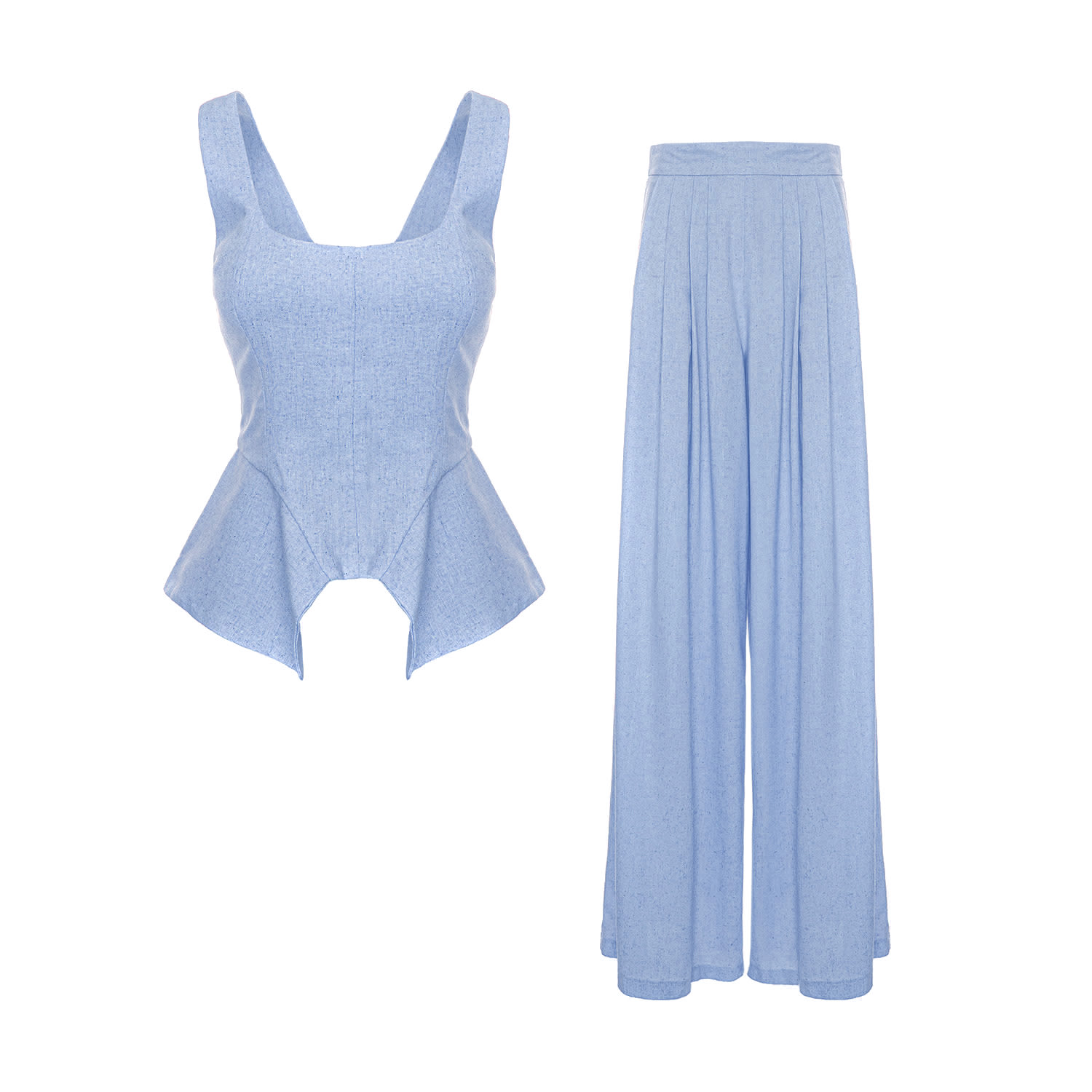 Bluzat Ocean Blue Linen-style Set With Wide Legs In Blue