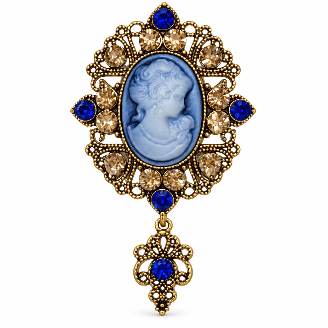 Women's Blue / Gold Royal Cameo Sapphire Blue & Citrine Crystal Vintage Statement Brooch - Blue | By Ozge