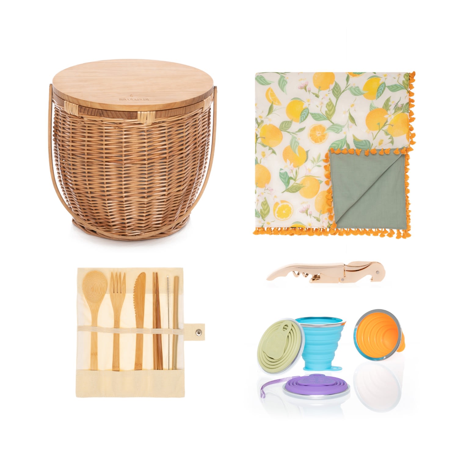 Yellow / Orange Picnic Essentials - Insulated Basket, Blanket, Bamboo Cutlery, Silicone Cups, Corkscrew Bukawaswim