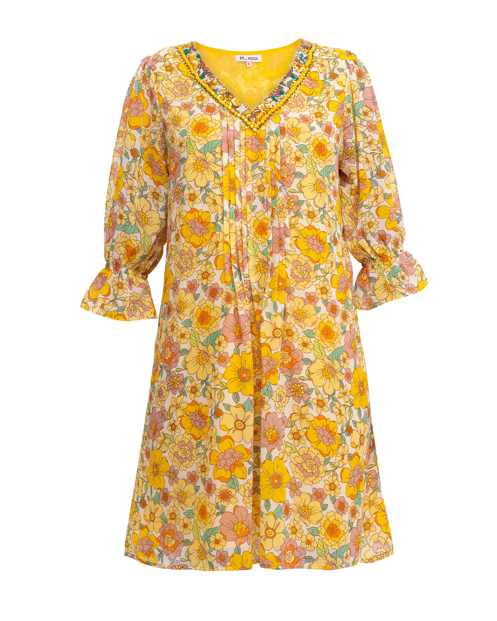 Women’s Yellow / Orange Printed Short Dress With Embroidery Small Niza