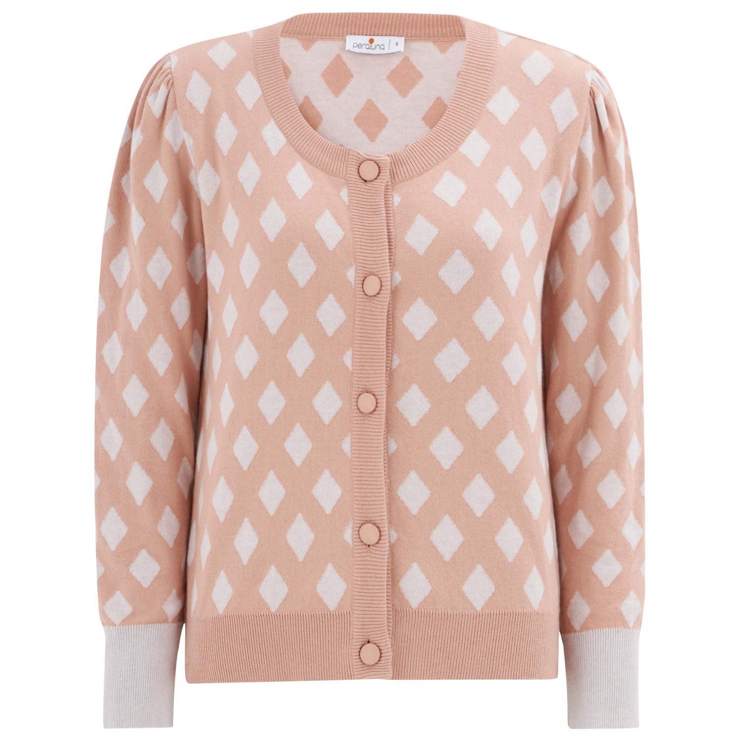 Peraluna Women's White Geometric Pattern Knitwear Cardigan In Salmon/ Ecru In White