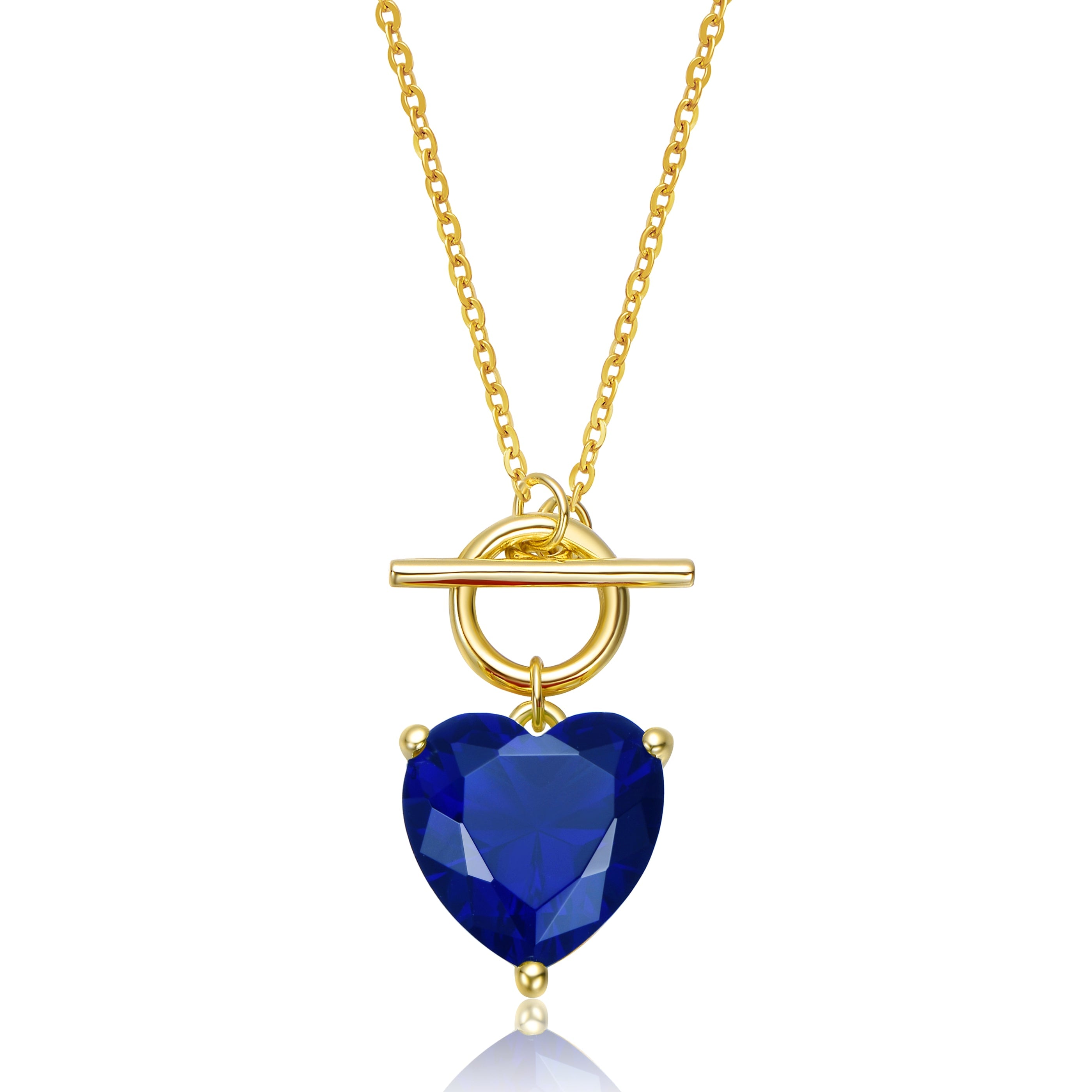 Genevive Jewelry Women's Sterling Silver Gold Plated With Blue Cubic Zirconia Heart Pendant Necklace In Blue