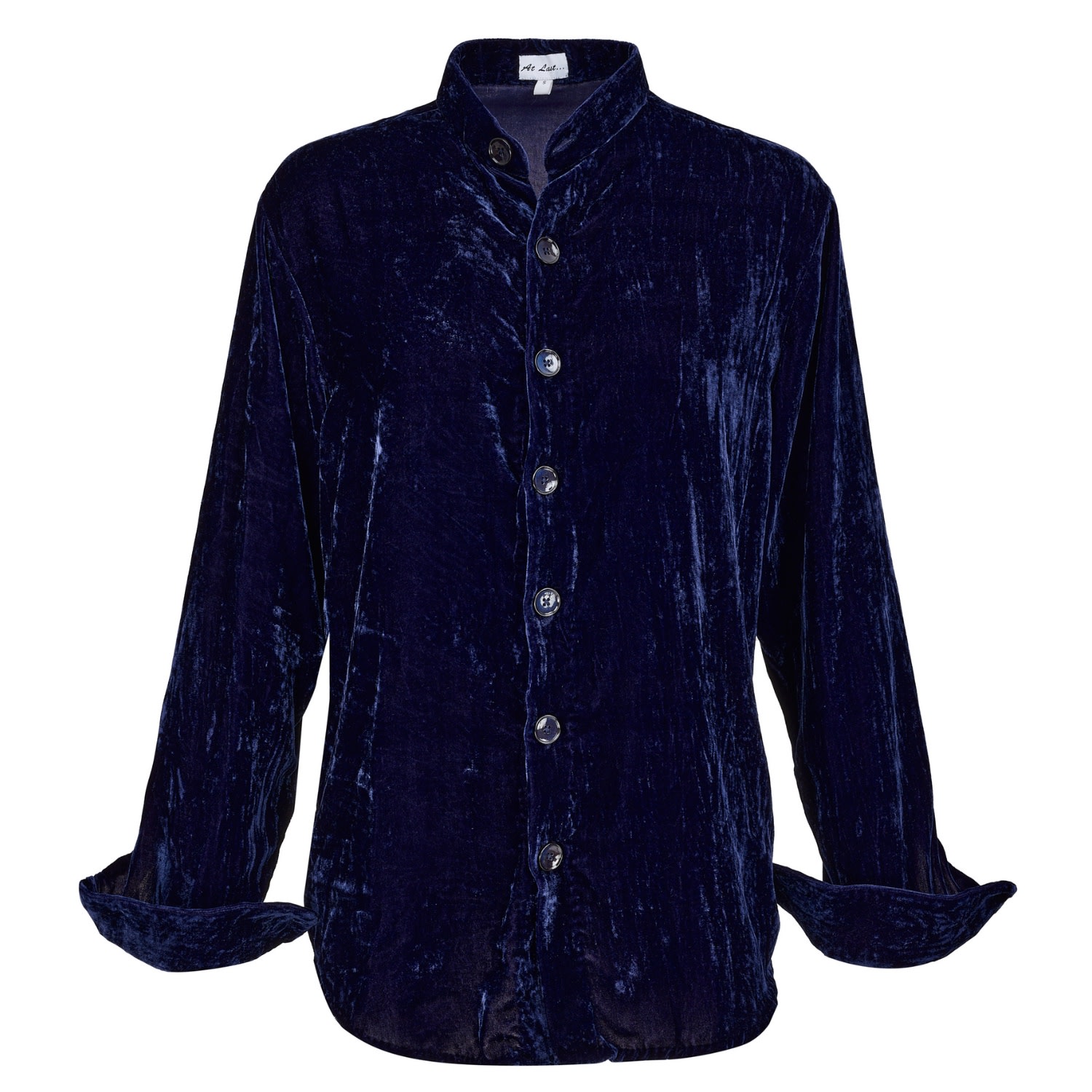 Blue Silk Velvet Men’s Shirt In Navy With Mandarin Collar Medium At Last...