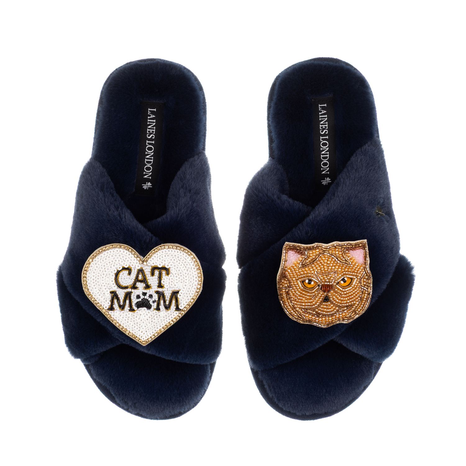 Laines London Women's Blue Classic Laines Slippers With Cat Mum/mom & Ginger Persian Cat Brooches - Navy In Blue