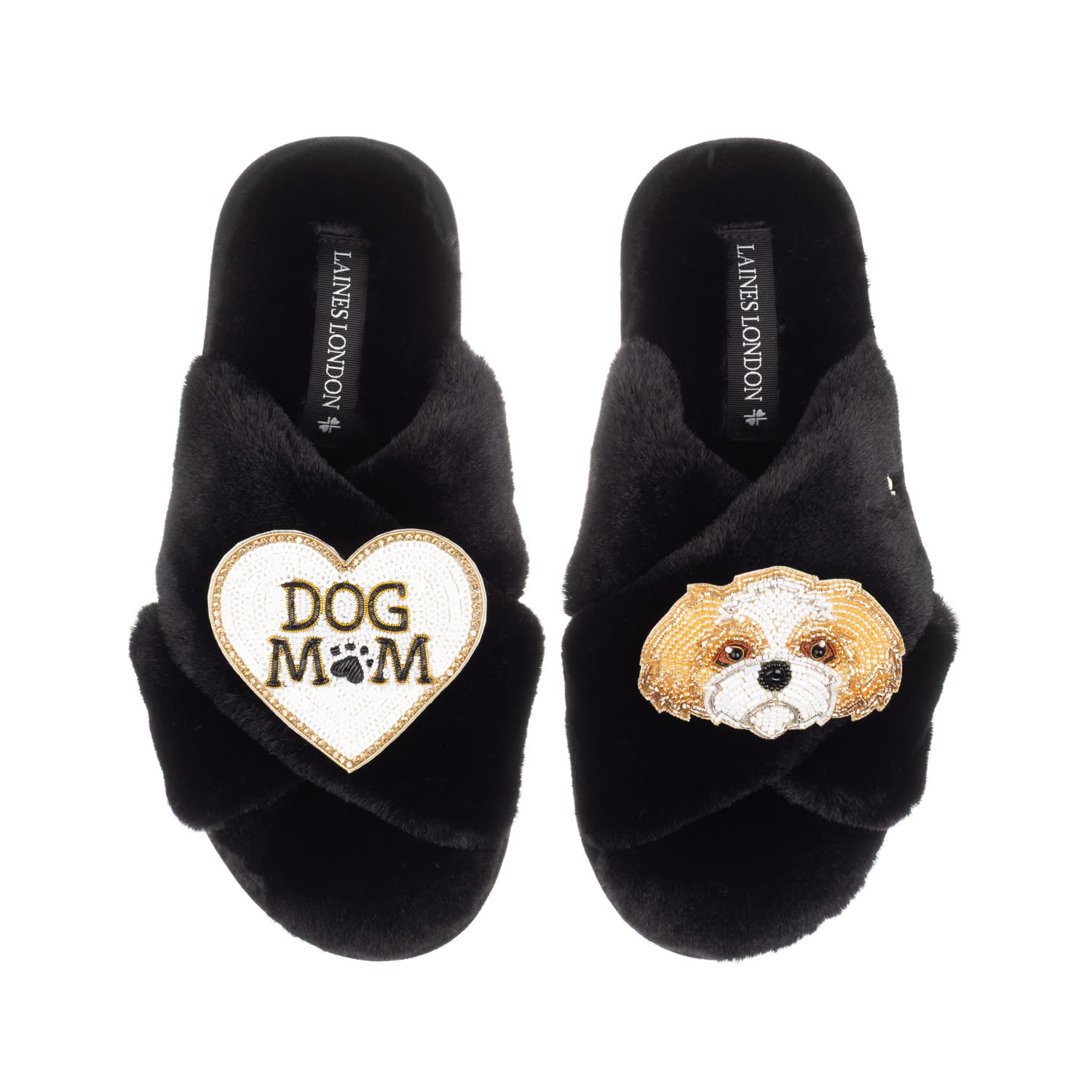 Laines London Women's Classic Laines Slippers With Dog Mum / Mom & Gold & White Shih Tzu Brooches - Black In Black