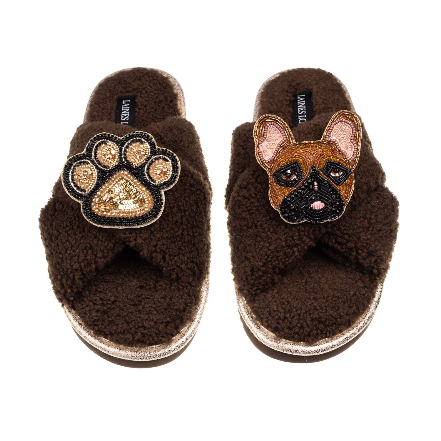 Laines London Women's Brown / Neutrals Laines Neutral Boucle Slippers With Cookie The Frenchie & Paw Brooches - Ch