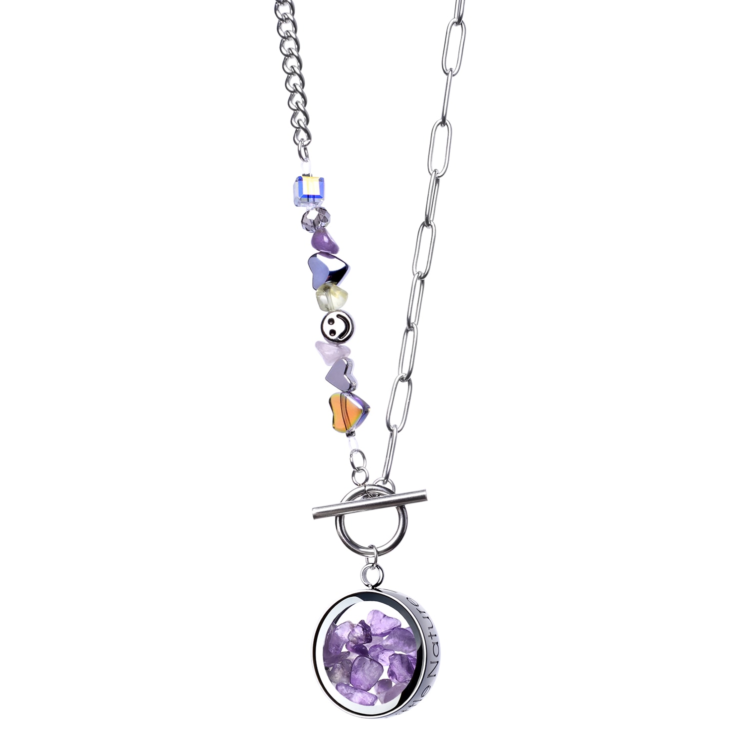 My Little Nature Women's Pink / Purple Amethyst Necklace With Joyful Beaded Toggle Clasp Chain – Crystal Gemstone Jew