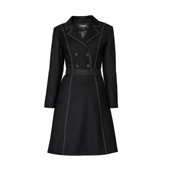 Rumour London Women's Black Annabel Virgin Wool Dress With Pleated Back & Contrasting Stitching In Wool
