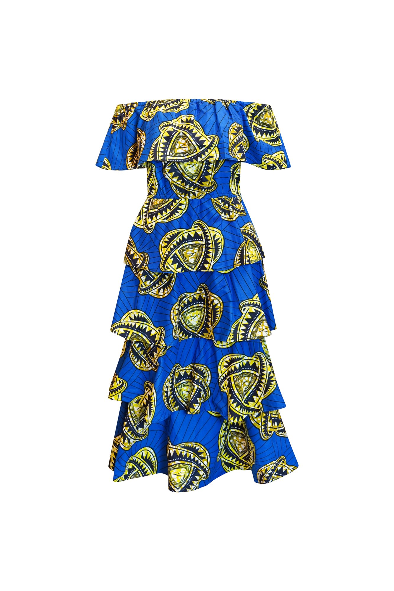 Women’s Gold / Blue / Yellow Nneka Off-Shoulder Ruffle Tiered Maxi Dress - Blue & Yellow Golden Sapphire African Ankara Wax Cotton Print Extra Small Oliveankara