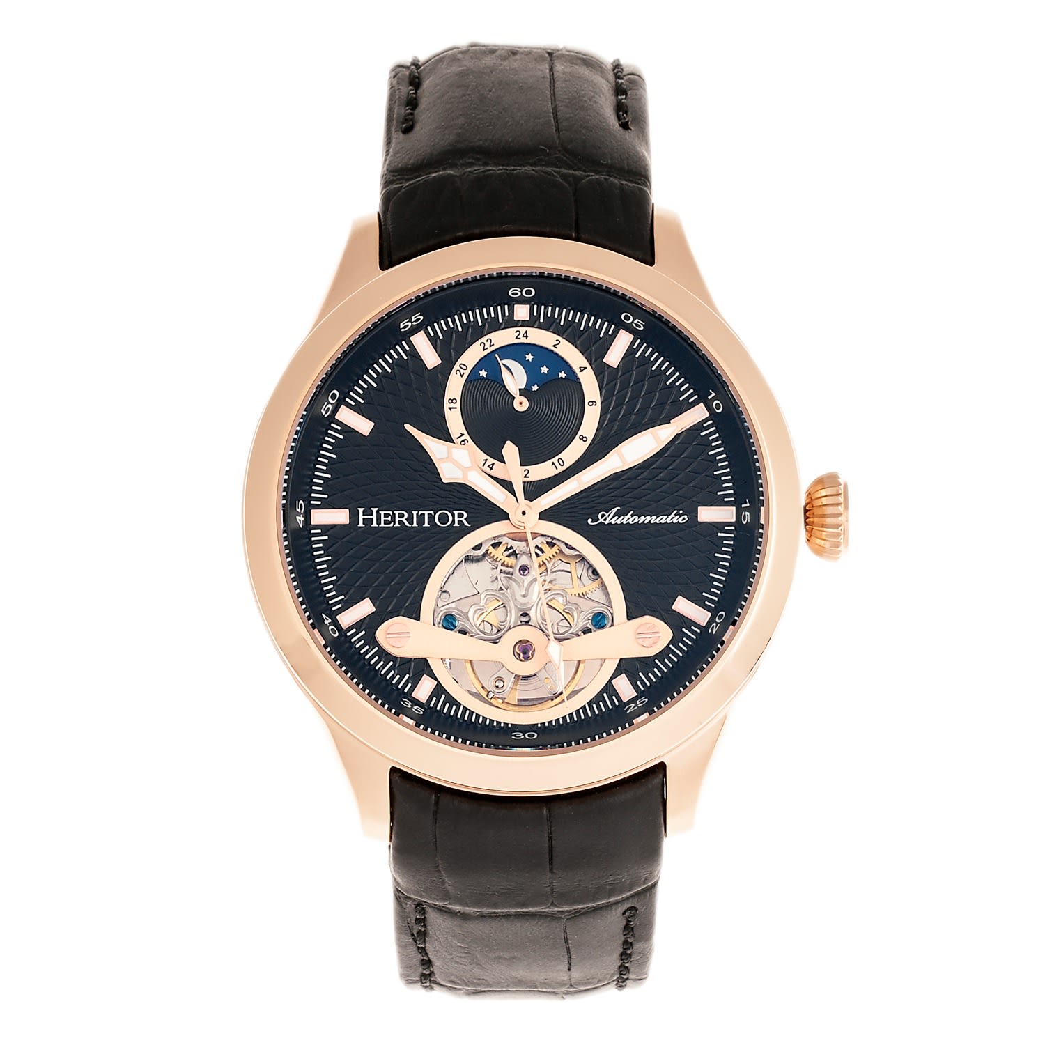 Men’s Black / Rose Gold Gregory Semi-Skeleton Leather-Band Watch With Moon Phase - Black, Rose Gold Heritor Automatic