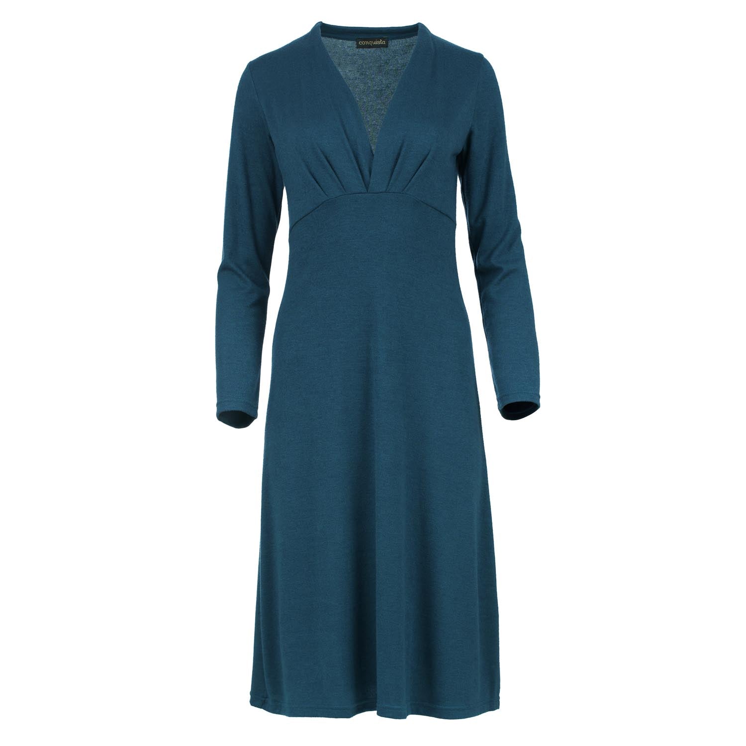Conquista Women's Green Teal Jersey Knit Midi Dress – Elegant Long Sleeve, Below The Knee In Green