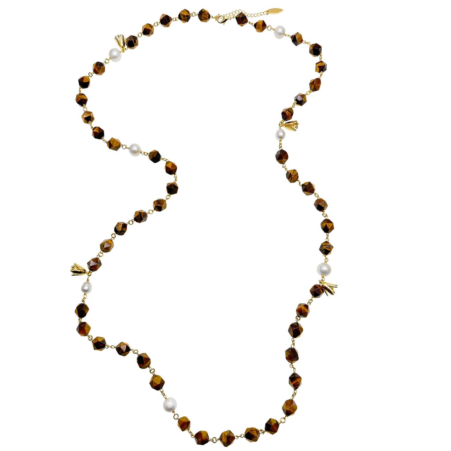 Farra Women's Brown Tiger Eye With Freshwater Pearls Long Station Necklace