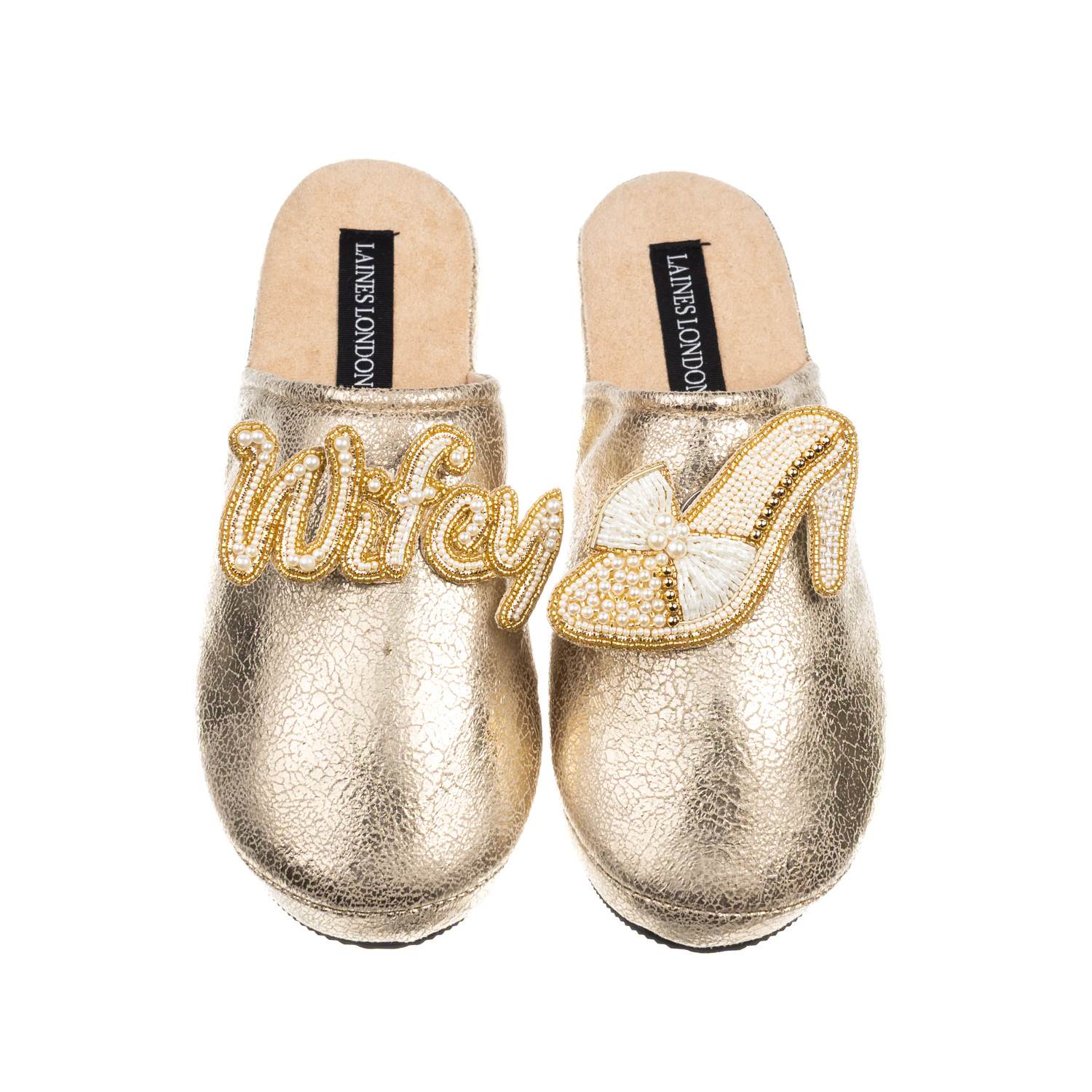 Laines London Women's  Softie Slippers With Wifey & Wedding Heel Brooches - Gold