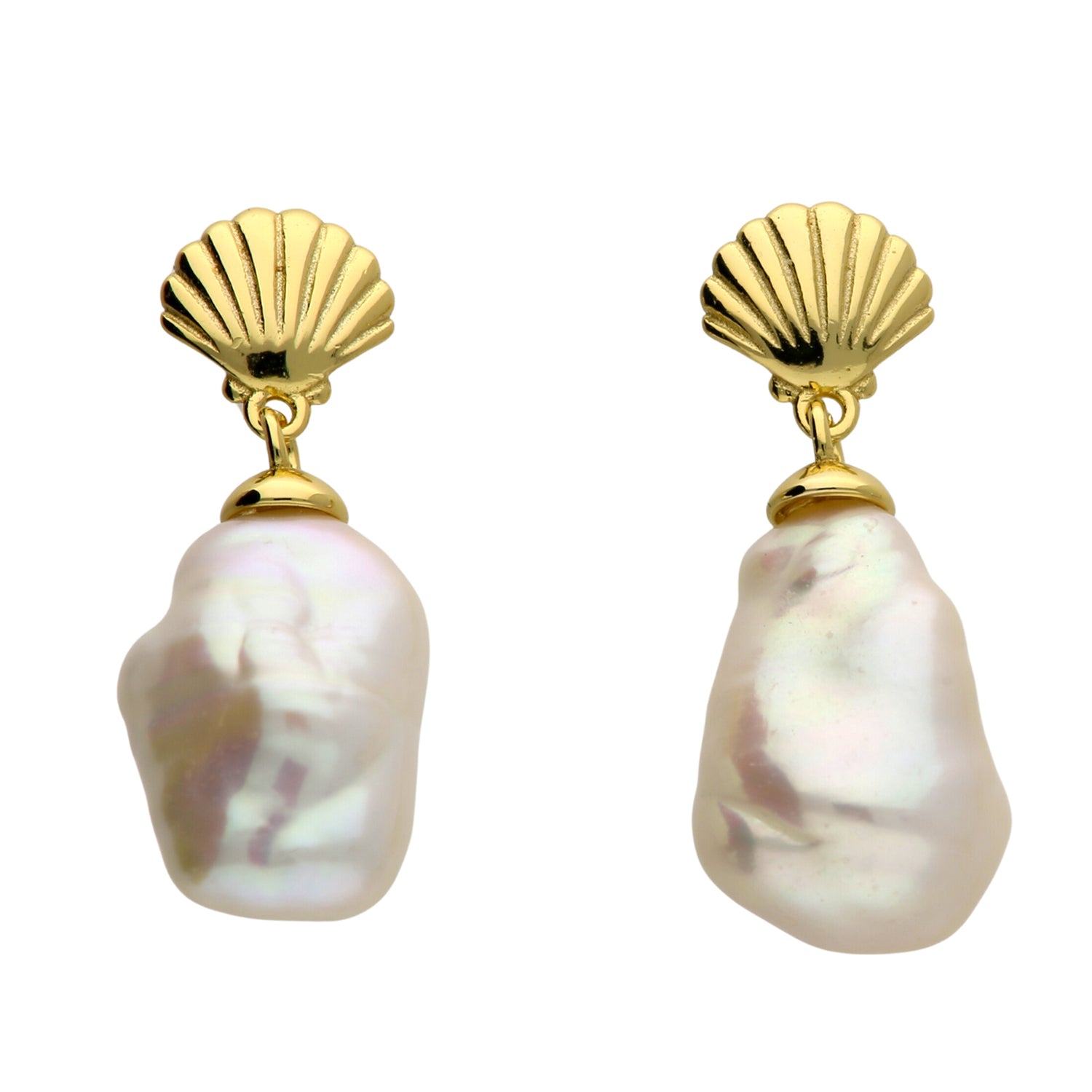 Harfi Women's Gold / White Gold Plated Shell Stud With Natural Keshi Pearl Drop Modern Earrings