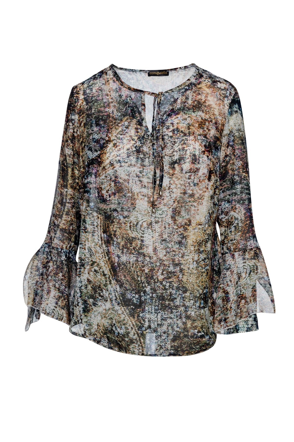 Conquista Women's Print Voile Top With Flounce Sleeves In Gray