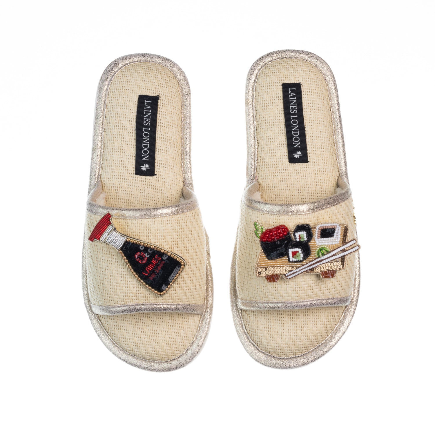 Women’s Neutrals Straw Braided Sandals With Sushi & Soy Sauce Brooches - Cream Medium Laines London