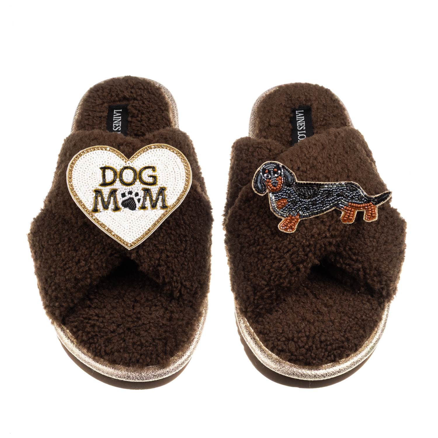 Laines London Women's Brown / Neutrals Boucle Slippers With Dog Mum/mom & Dapple Dachshund Brooches - Chocolate In Brown