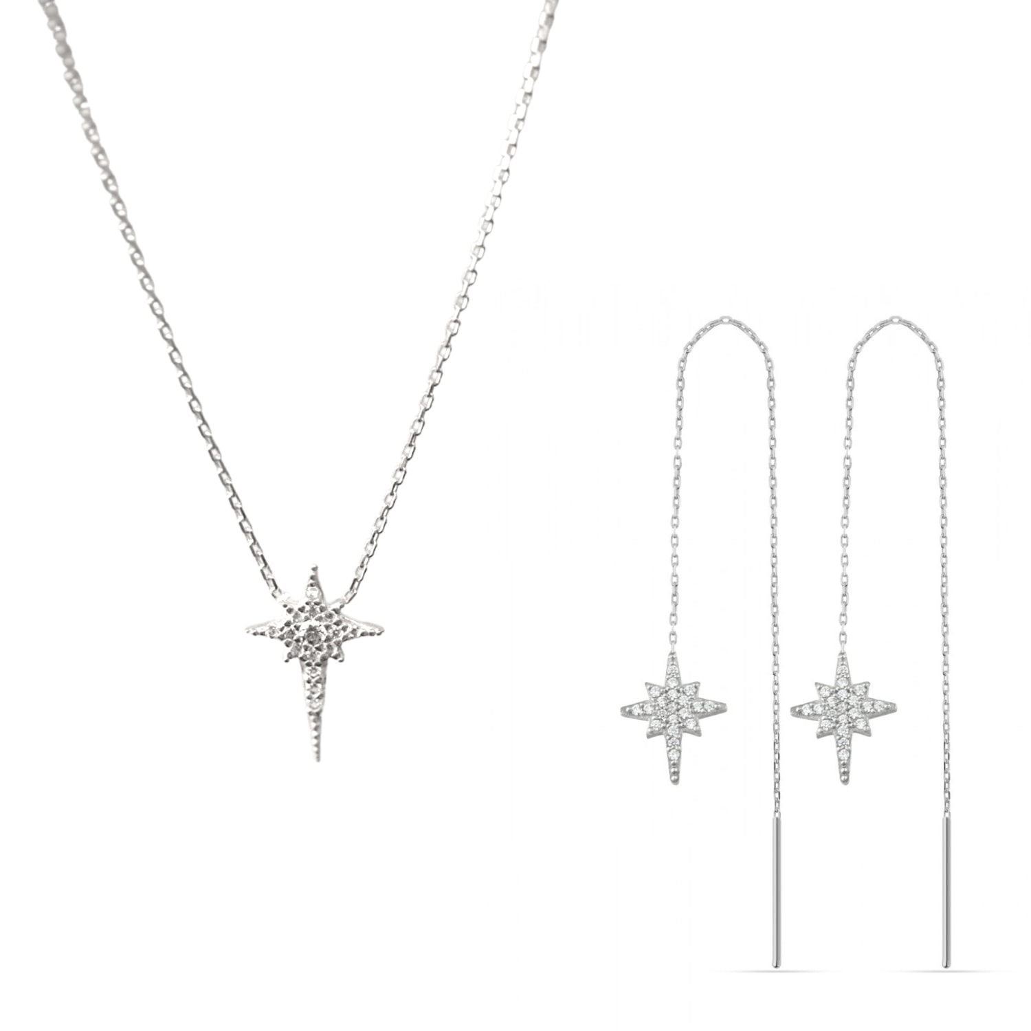 Spero London Women's Northern Star Polaris Sterling Silver Necklace & Drop Chain Earring Set