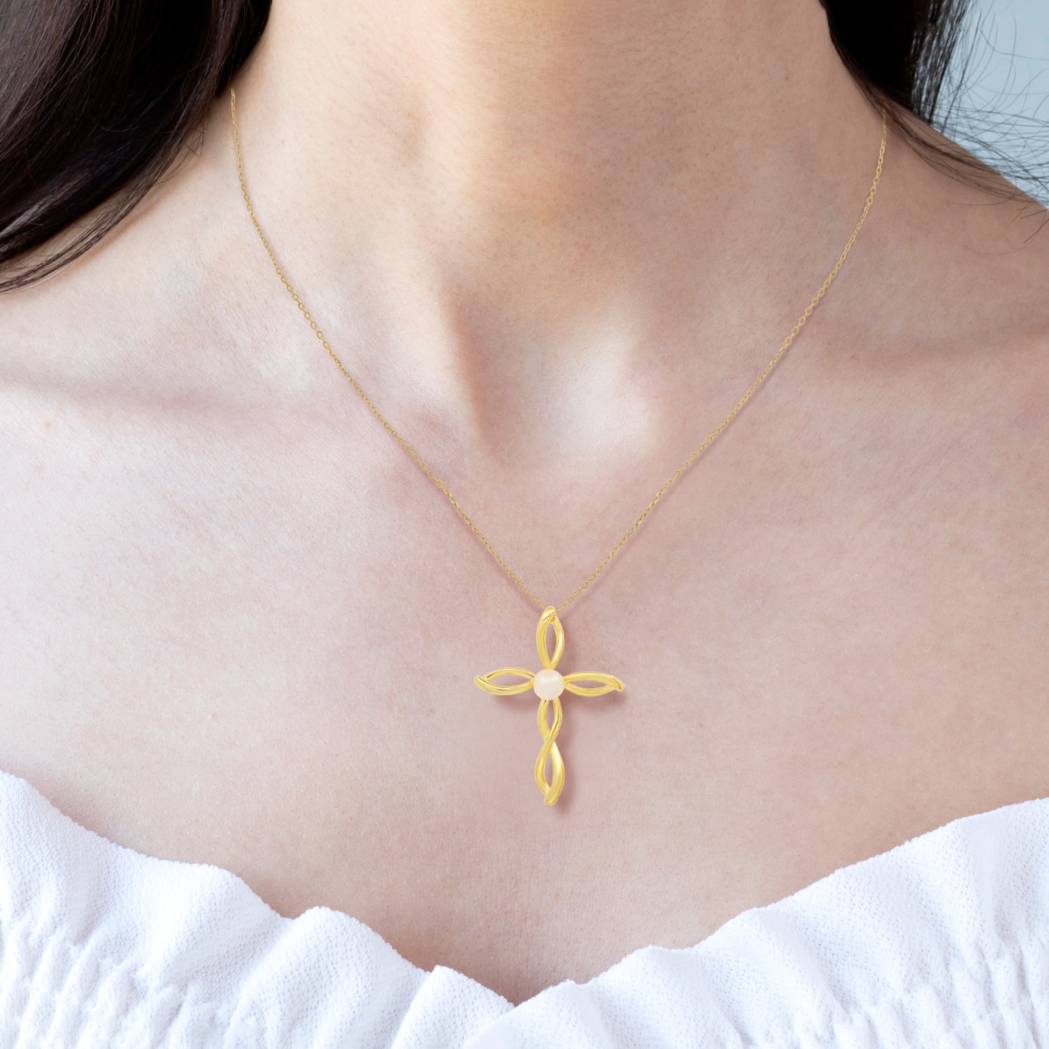 Women’s Gold Swirling Genuine Pearl Cross Pendant Necklace Kylie Harper