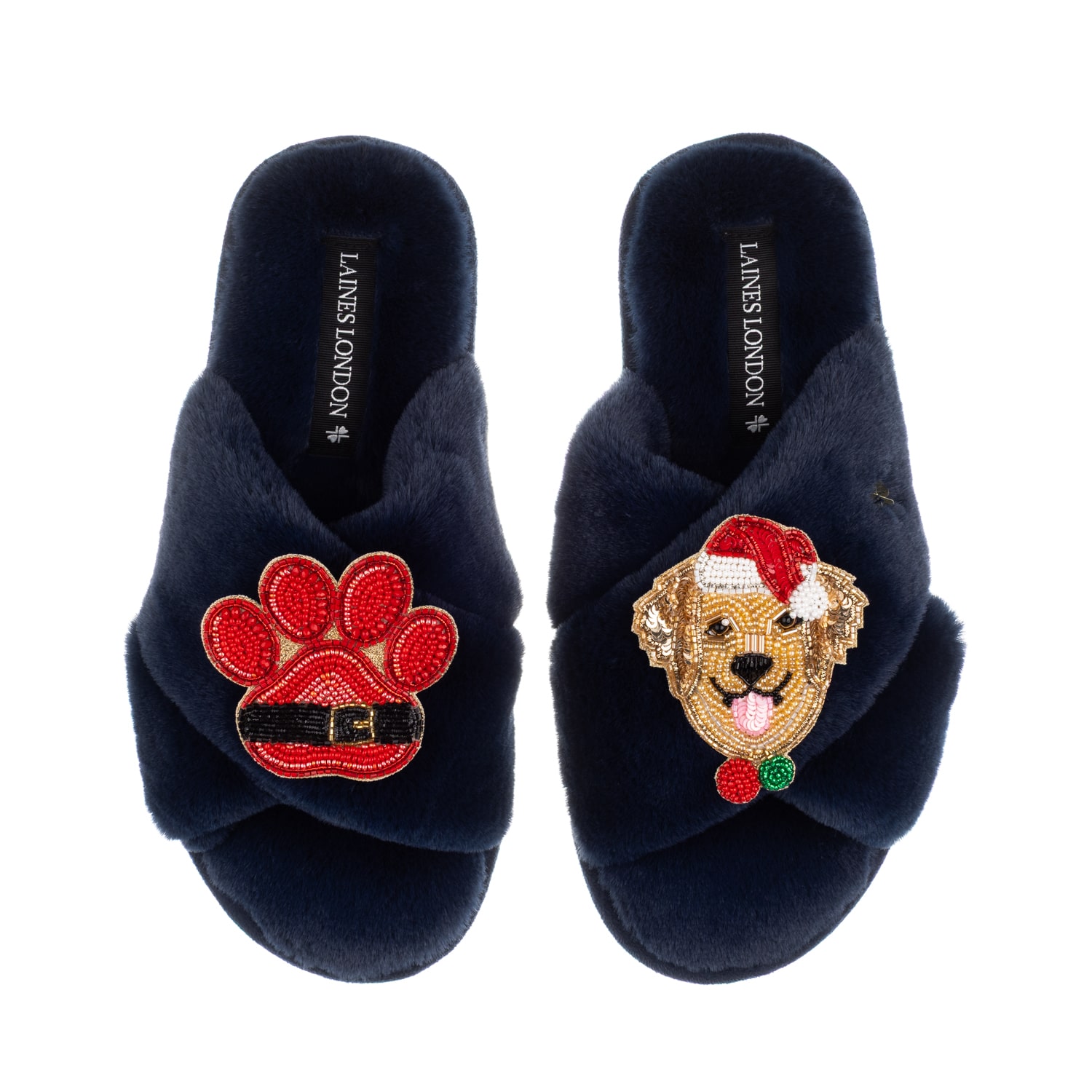 Laines London Women's Blue Classic Slippers With Christmas Golden Retriever & Paw Brooches - Navy In Blue