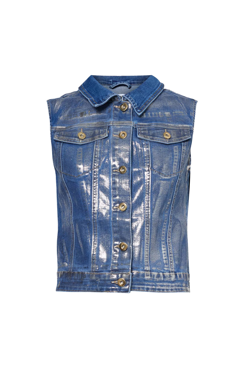 Amy Lynn Womens Blue Soho Metallic-finish Regular-fit Stretch-denim Gilet In Blue