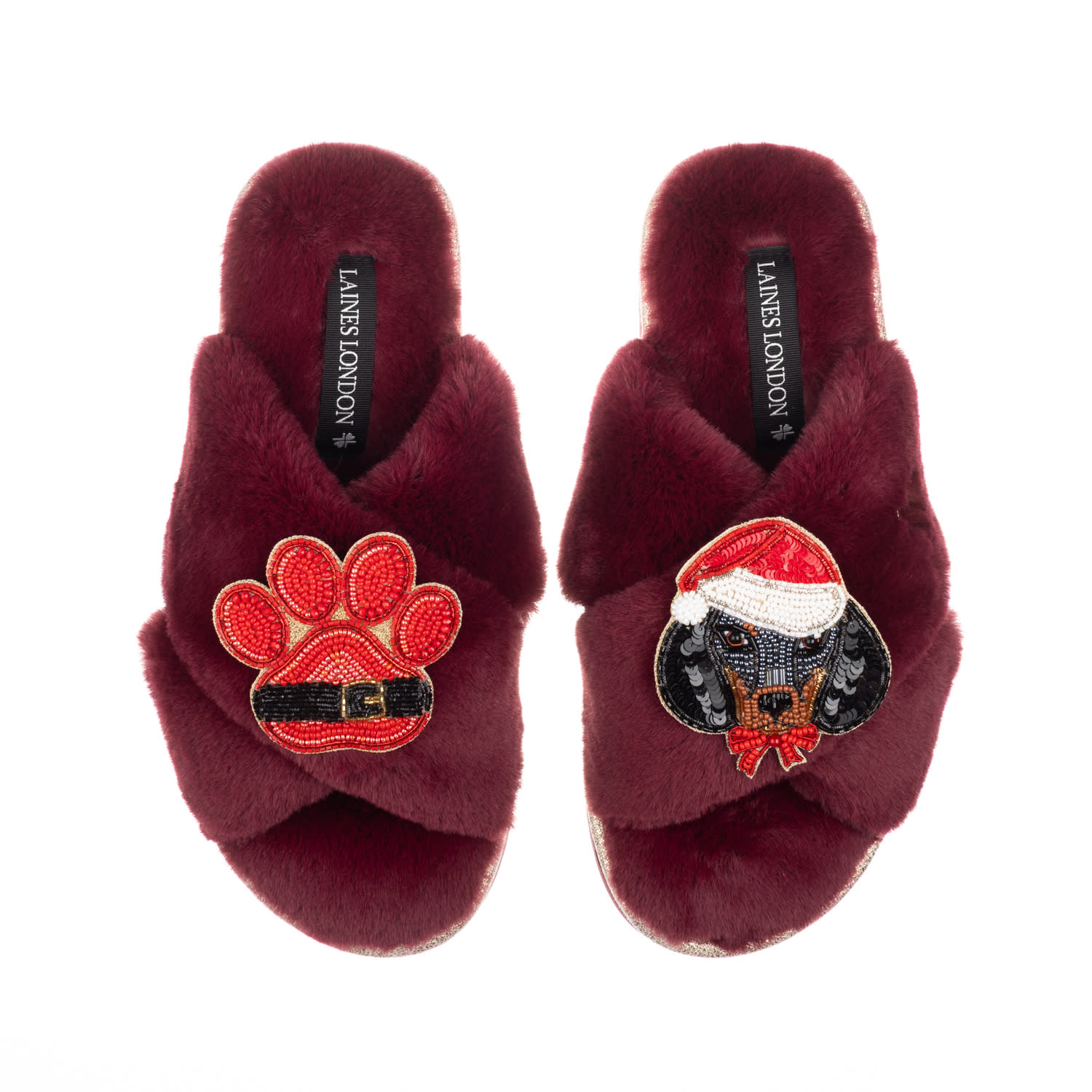 Laines London Women's Red Classic Slippers With Christmas Dachshund & Paw Brooches - Limited Edition Burgundy In Burgundy