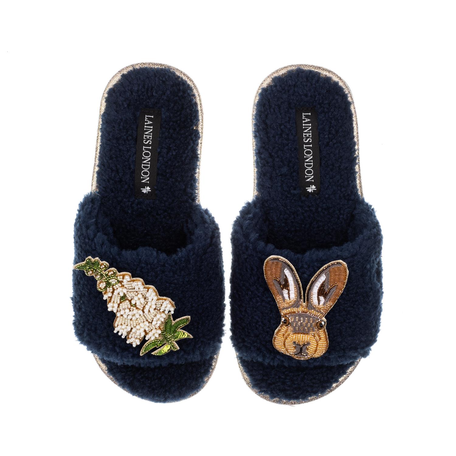 Laines London Women's Blue Teddy Toweling Slipper Sliders With Hare & White Foxglove Flower Brooches - Navy In Blue