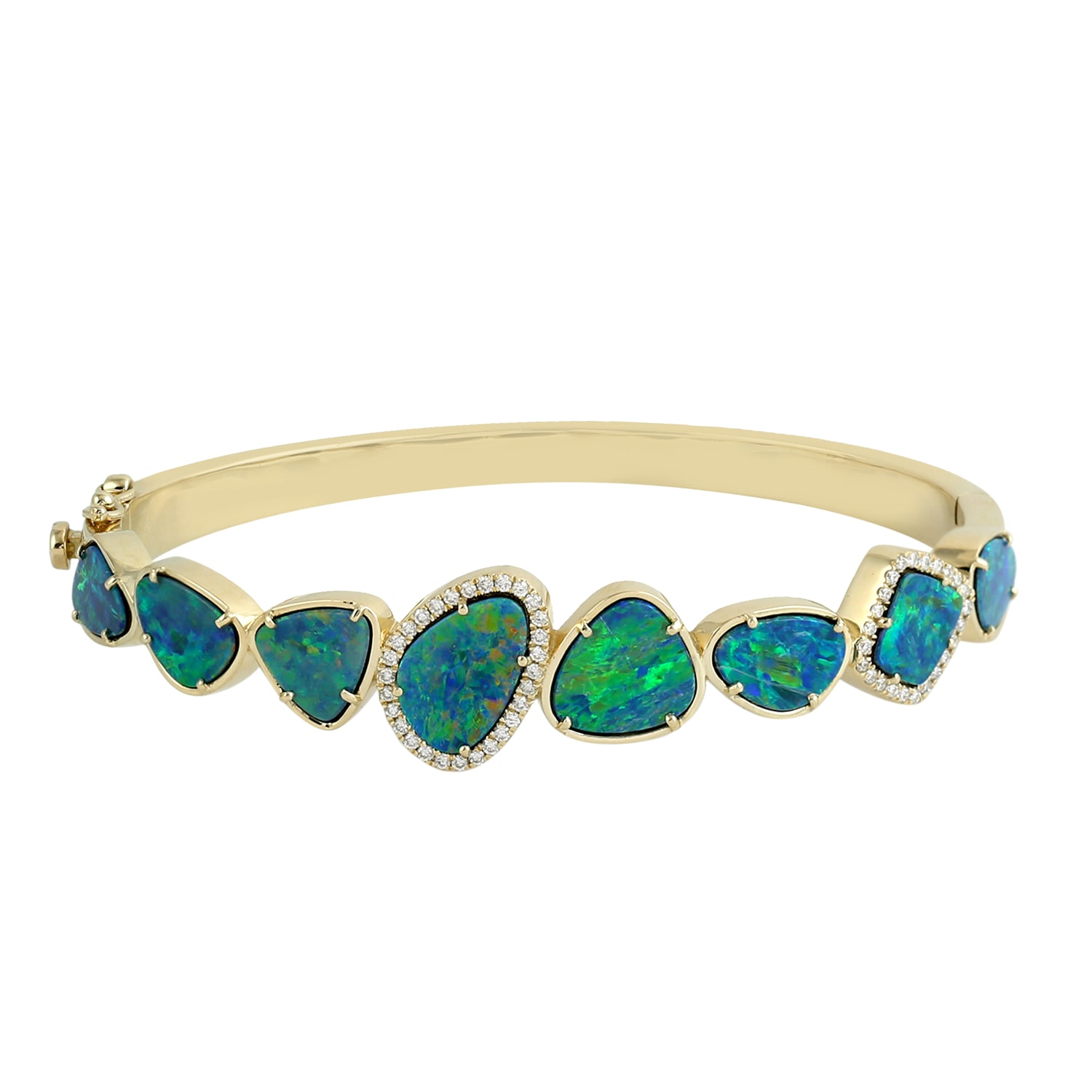 Artisan Women's Gold / Blue / White Opal Doublet Gemstone Pave Diamond Designer Bangle In Gold
