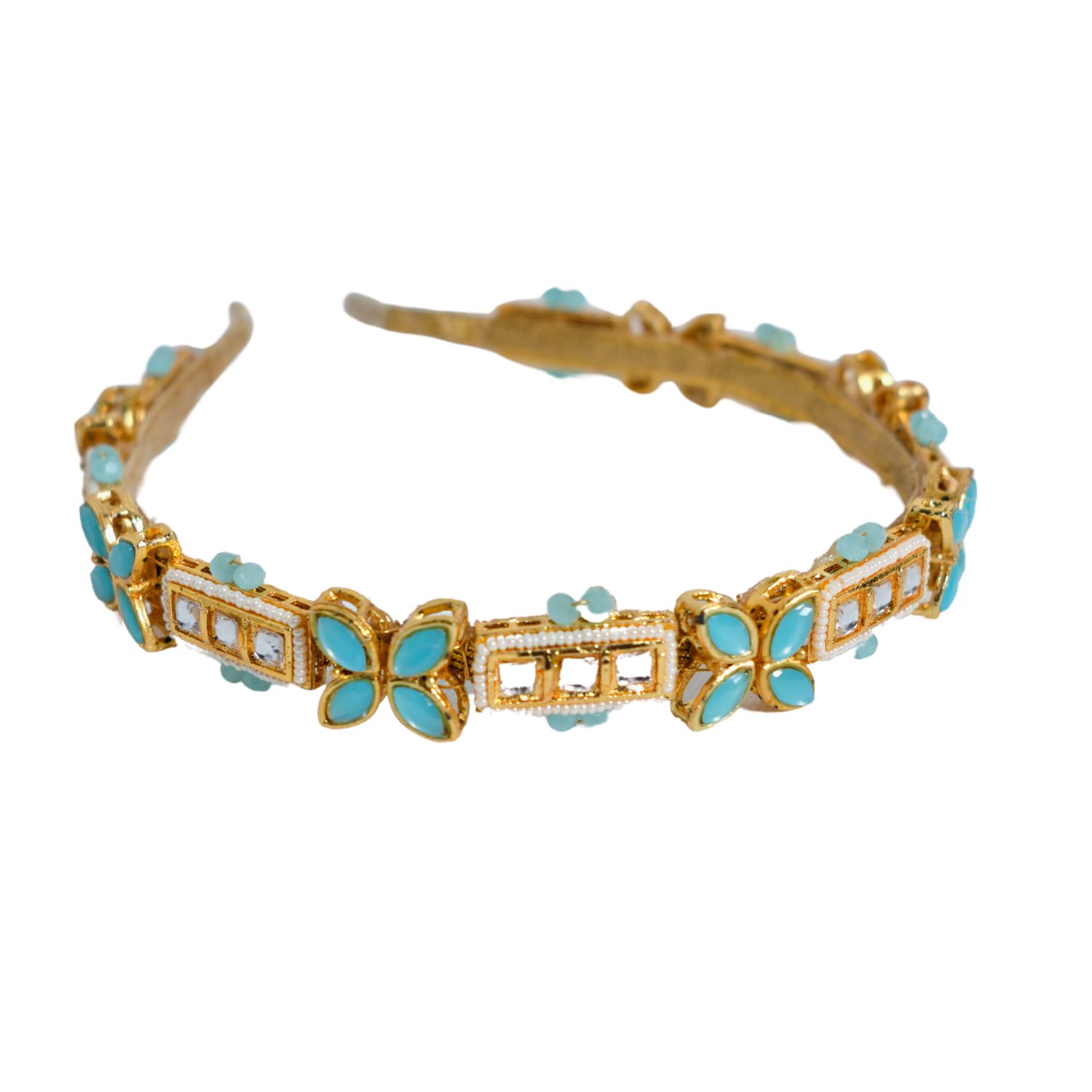 Nesavaali Women's Gold Chic Aqua Enamel Floral Hairband For Weddings & Parties In Gold