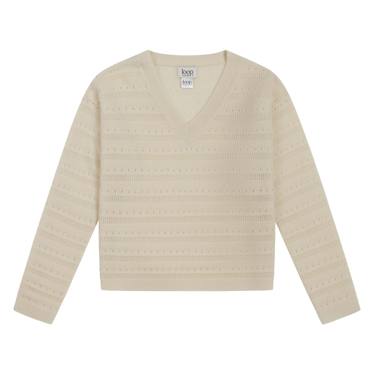 Loop Cashmere Women's White Pointelle Cashmere V Neck Sweater In Chalk