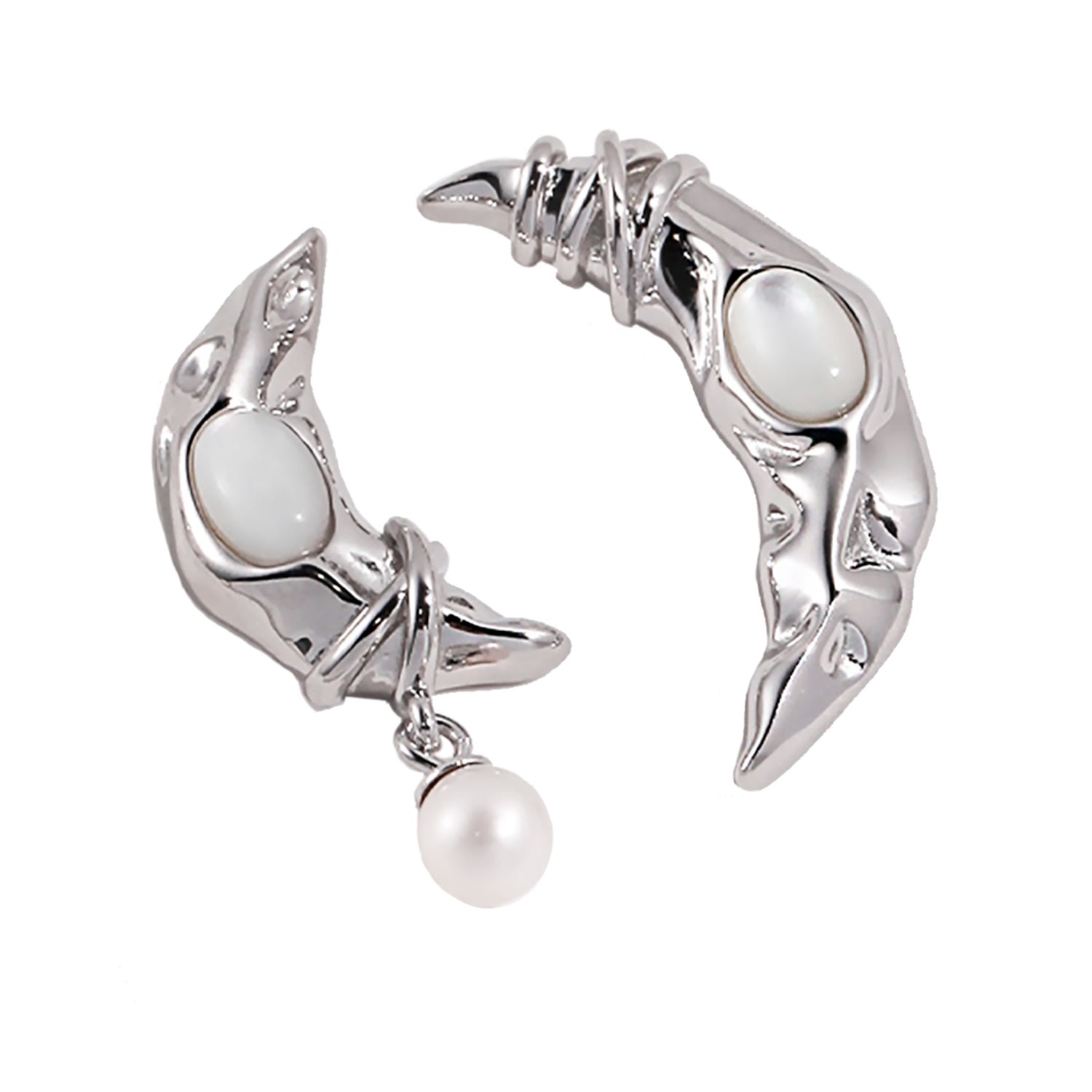 Ms. Donna Women's Silver Moon With Cat Eye Stone And Pearl Dangle Asymmetry Earrings In Silver