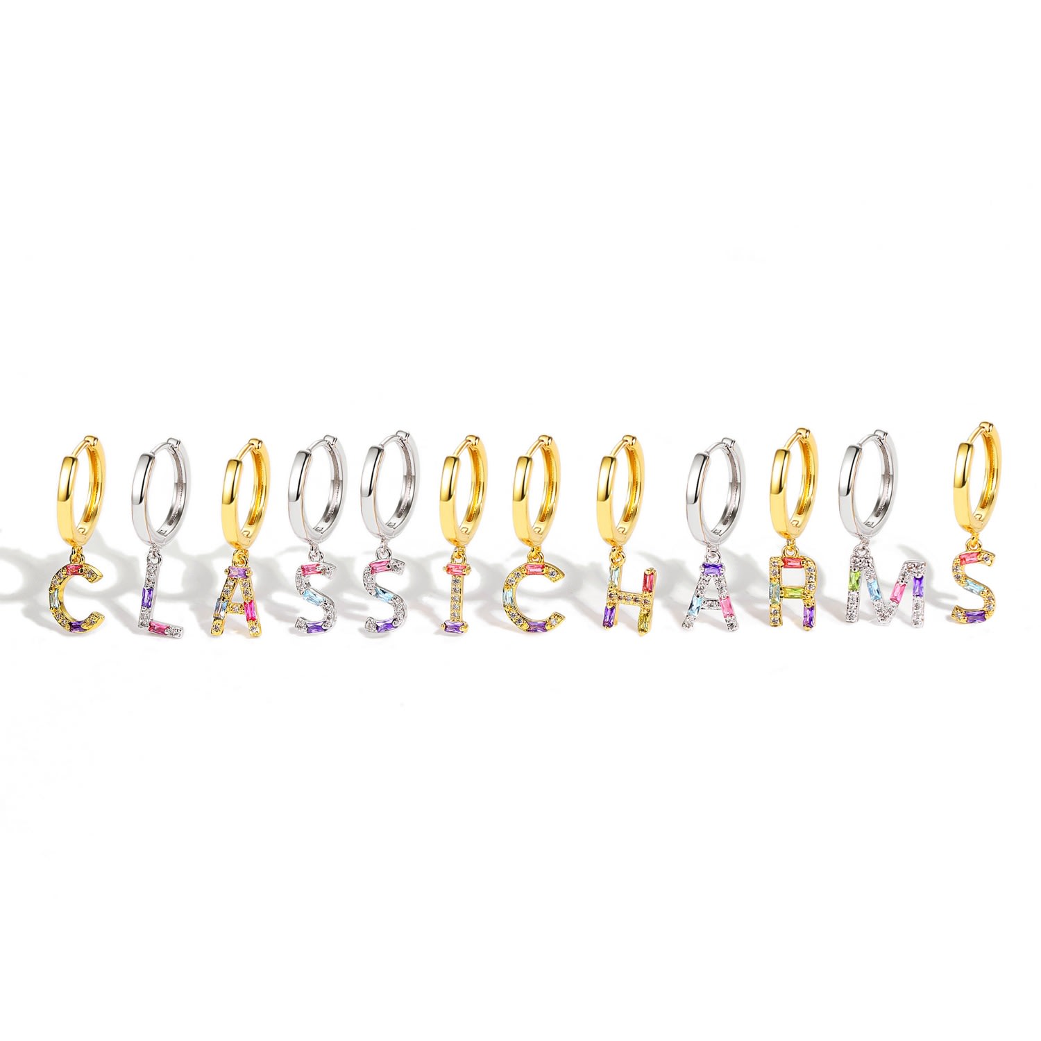 Women’s Single Gold PavÃ© Initial Charm Drop Huggie Hoop Earring Classicharms