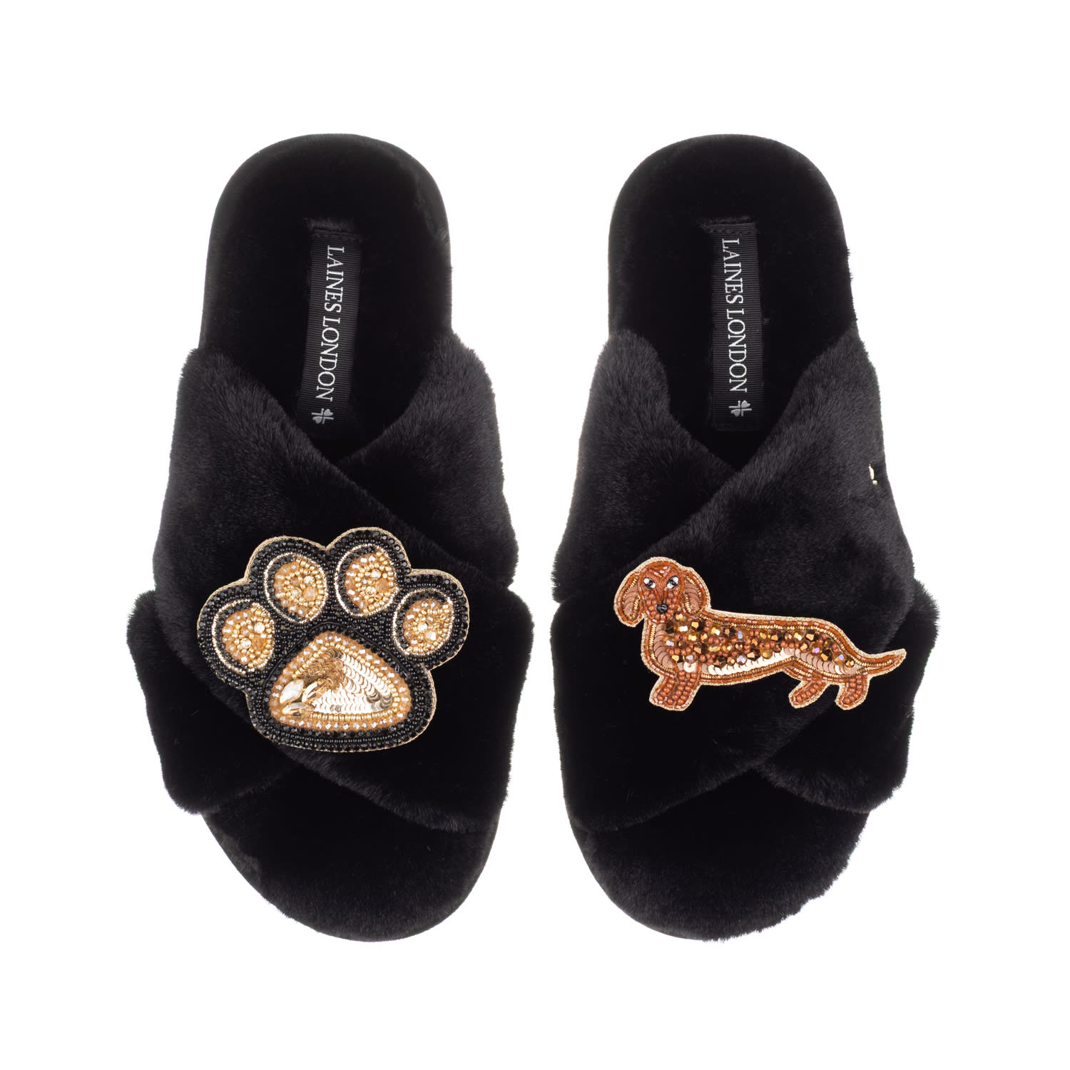 Laines London Women's Classic Laines Slippers With Paw & Red Dachshund Brooches - Black In Black