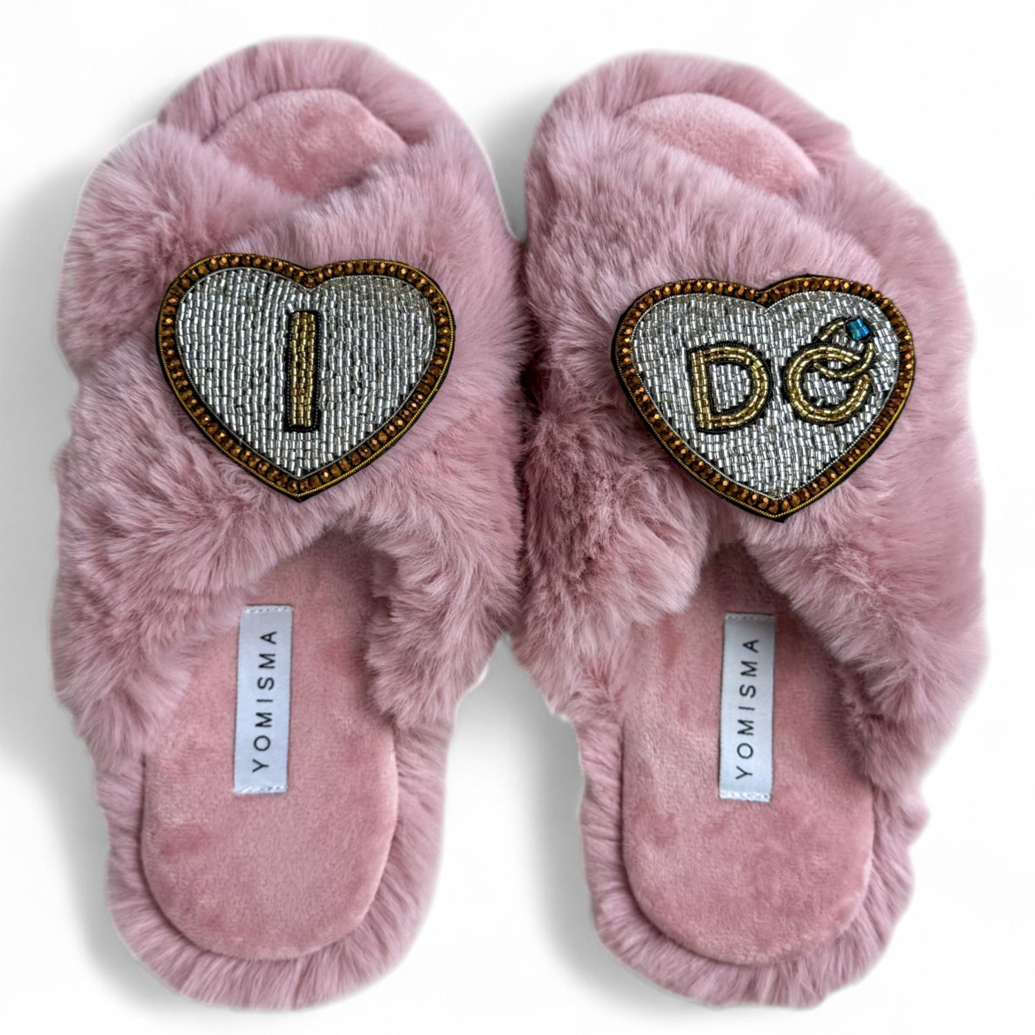 Yomisma Women's Faux Fur Slippers - Global Recycled Standard Certified With I Do Wedding Embellishments - Pi In Pink