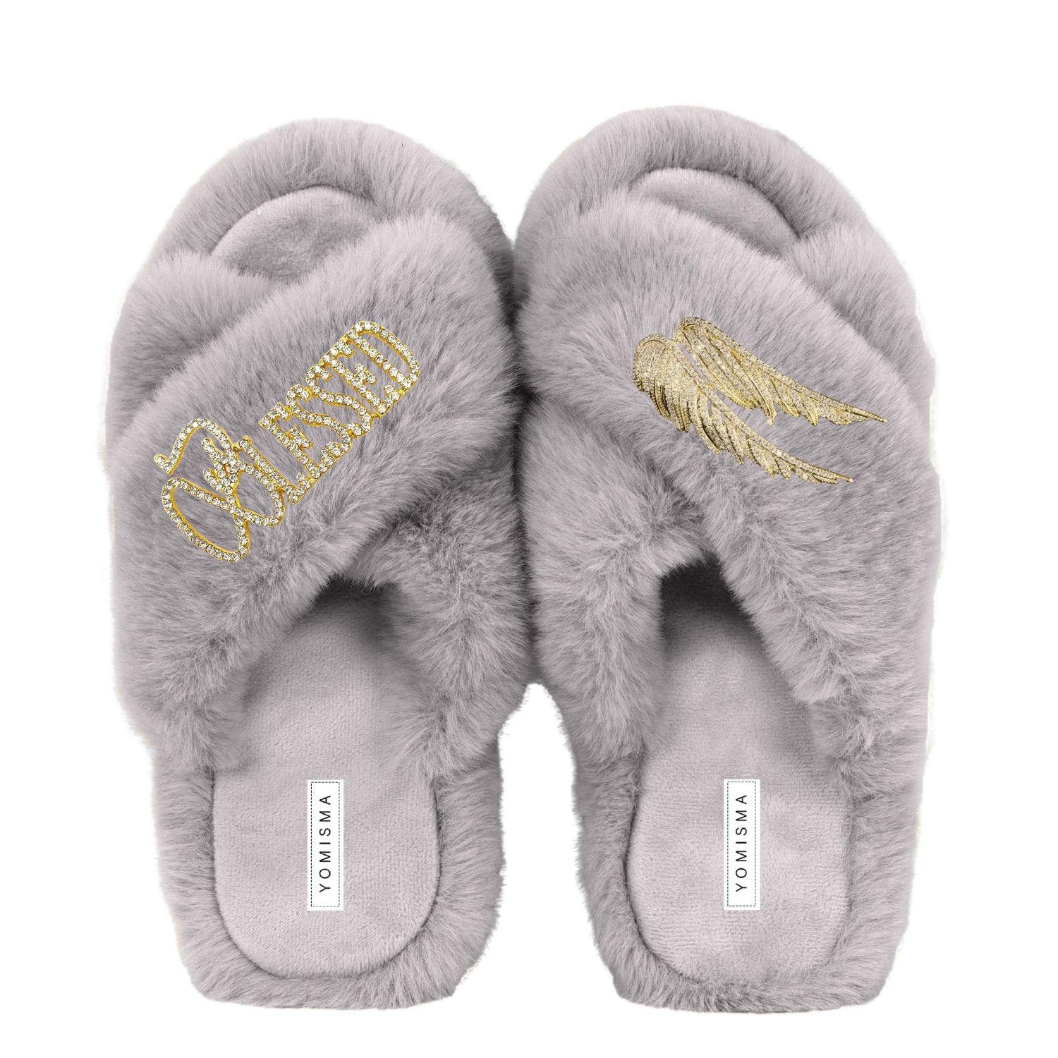 Yomisma Women's Faux Fur Slippers - Global Recycled Standard Certified "blessed + Angel Wing" Embellishment In Grey