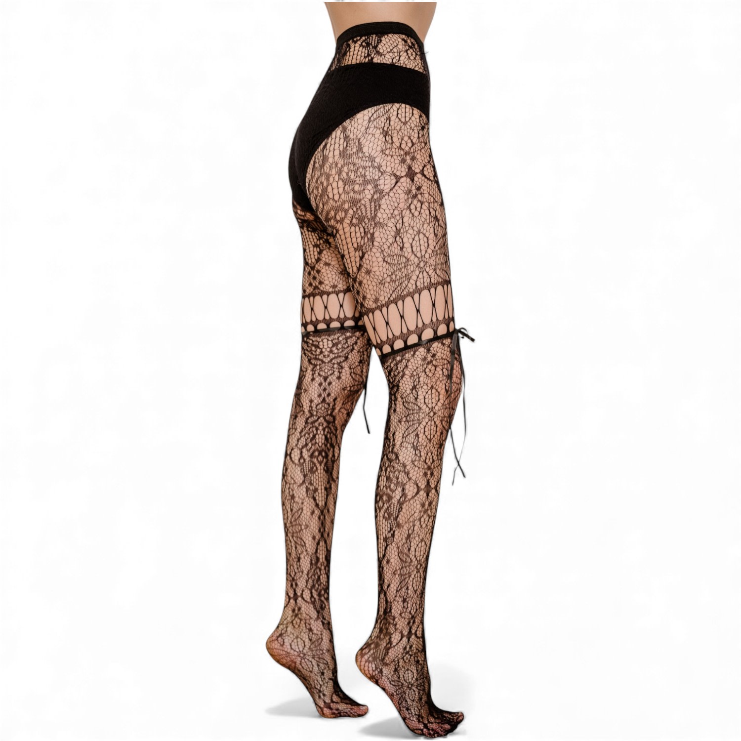 High Heel Jungle By Kathryn Eisman Women's Chevonne Lace And Satin Fishnet Tights Black