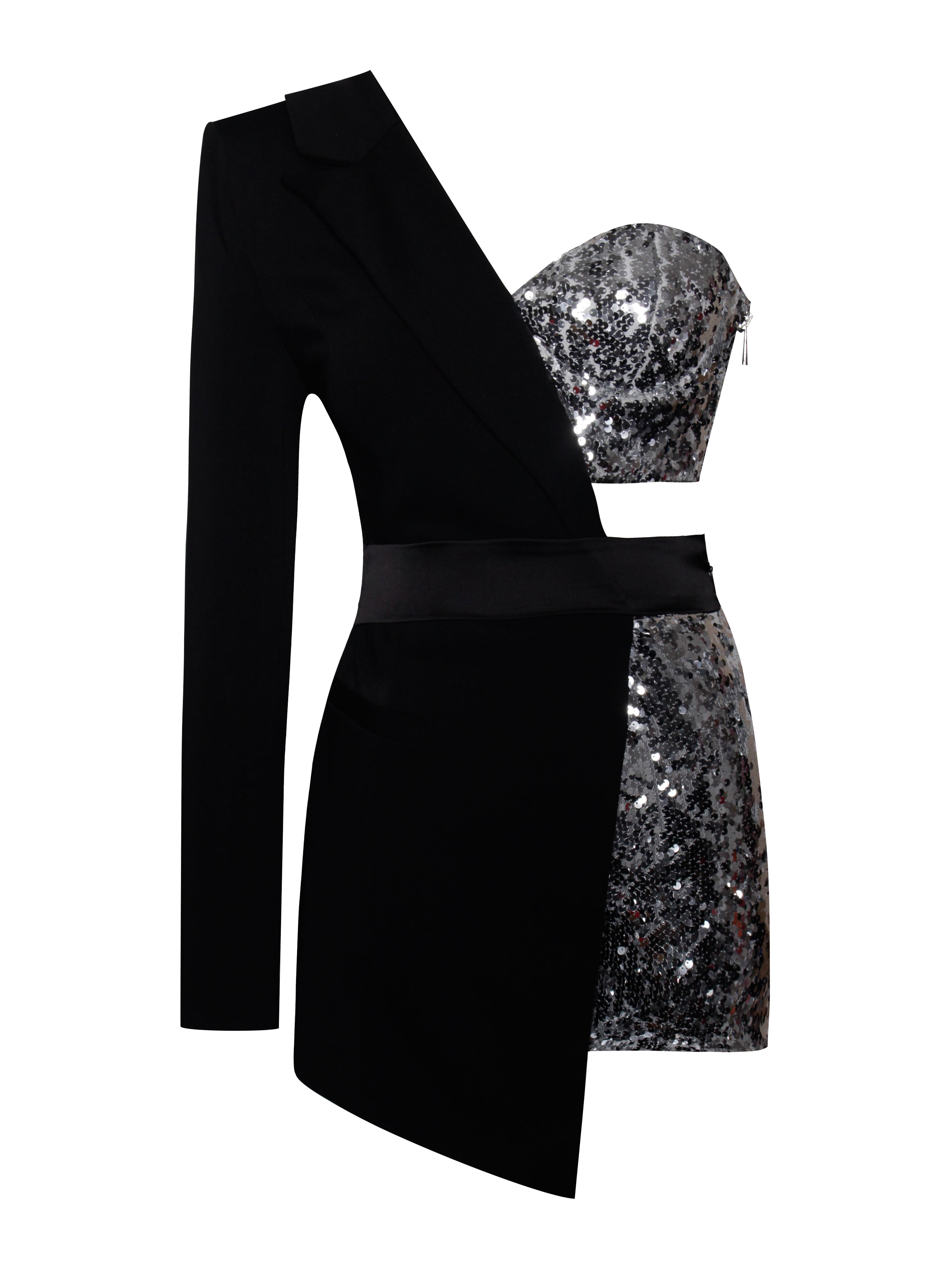 Miss Circle New York Women's Black / Silver Skylynn Sequin Black One Sleeve Blazer Romper In Black/silver