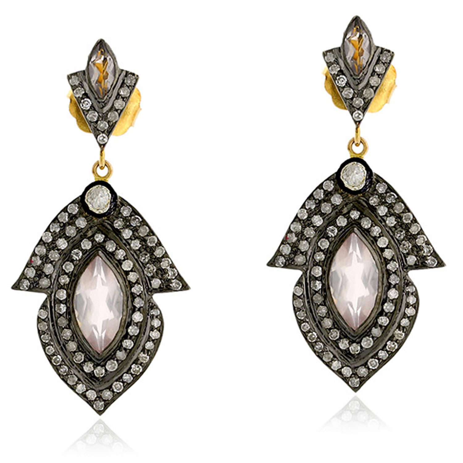 Women’s Silver / Gold / White Rose Quartz Pave Diamond Dangle Earrings Gold 925 Sterling Silver Designer Jewelry Artisan