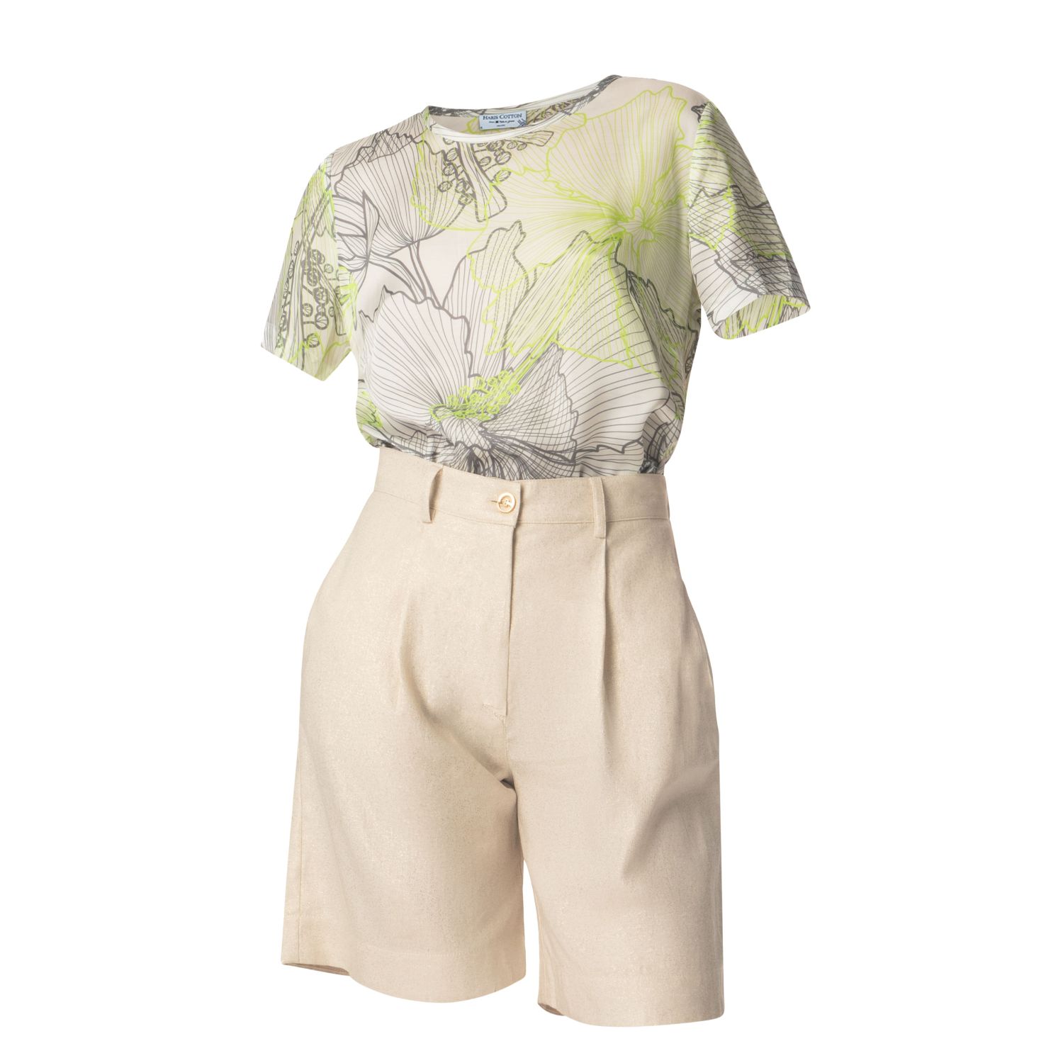 Haris Cotton Women's Keyhole Printed Satin T-shirt Iron-lime Hibiscus In Green
