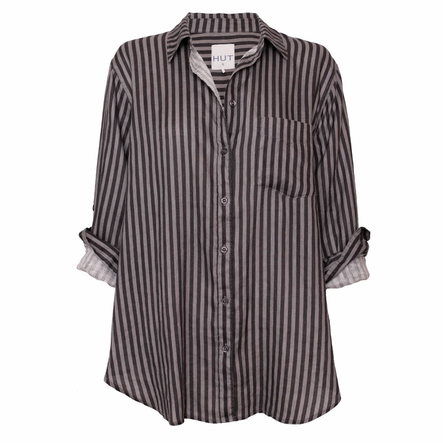 Hut Noosa Women's Black / Grey Grey & Grey Stripe Boyfriend Linen Oversized Shirt