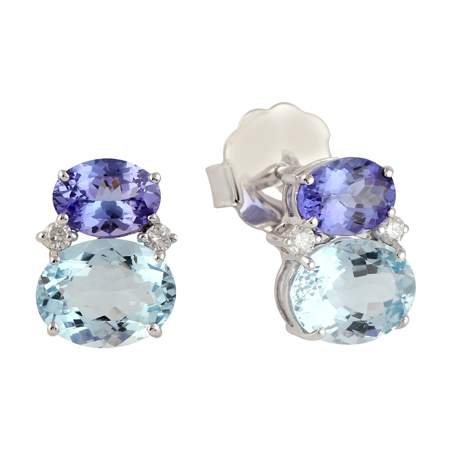 Women’s White / Blue 18K White Gold In Tanzanite & Aquamarine Prong Diamond Mini Gum Drop Stud Earrings Artisan