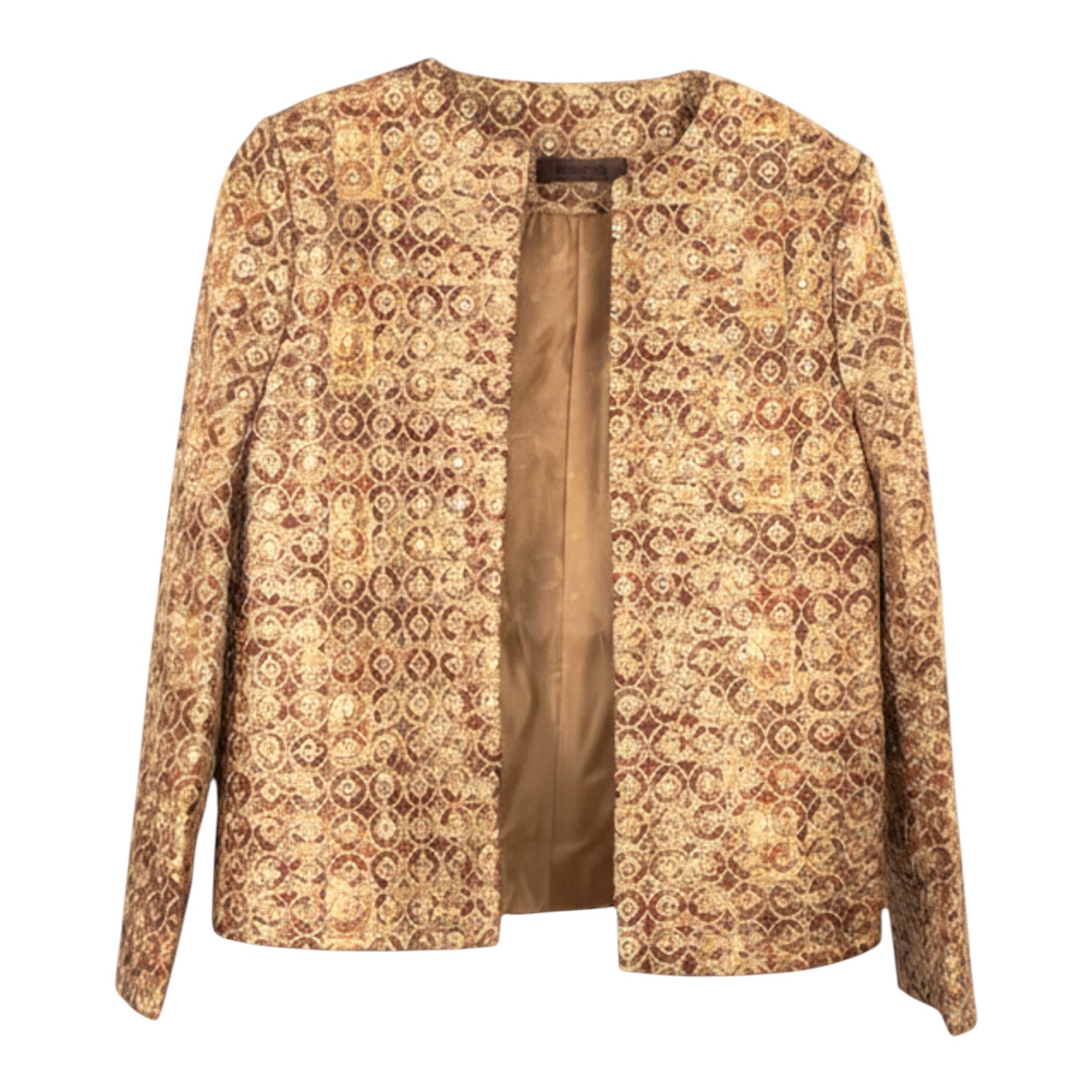 Stovaria Women's Golden Jacquard Open Front Jacket – A Regal Weave Of Silk Tapestry - Statement Jacket