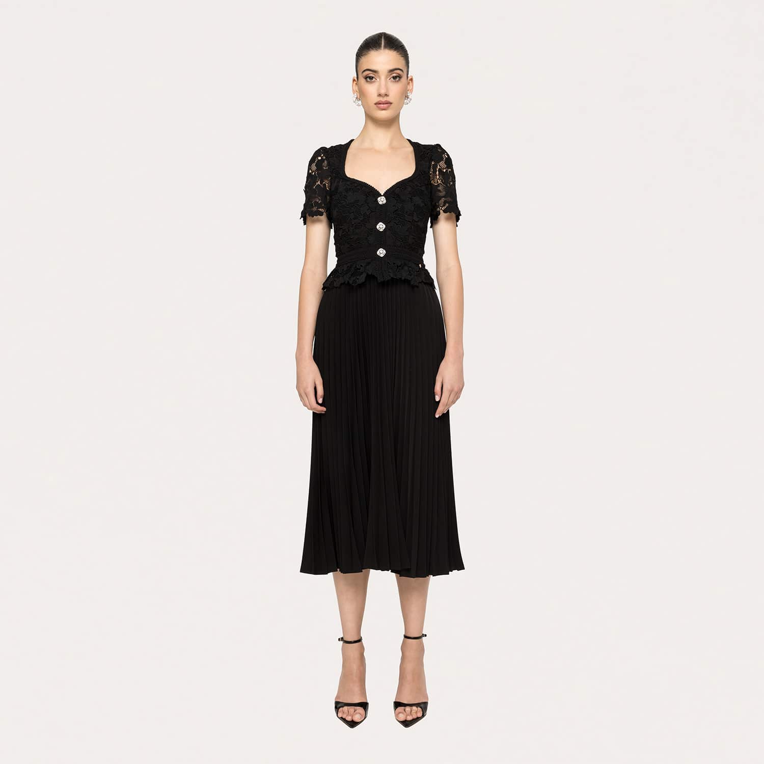 Nissa Lace Bust Pleated Midi Dress - Black