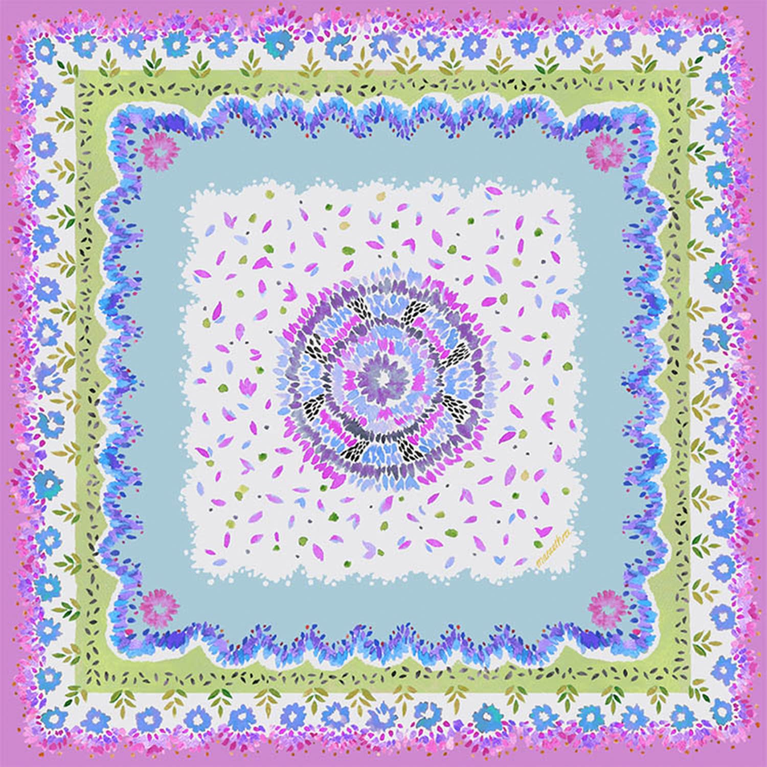 Maraethra Women's Flower Bomb Cotton Square Scarf In Blue/green/pink/purple