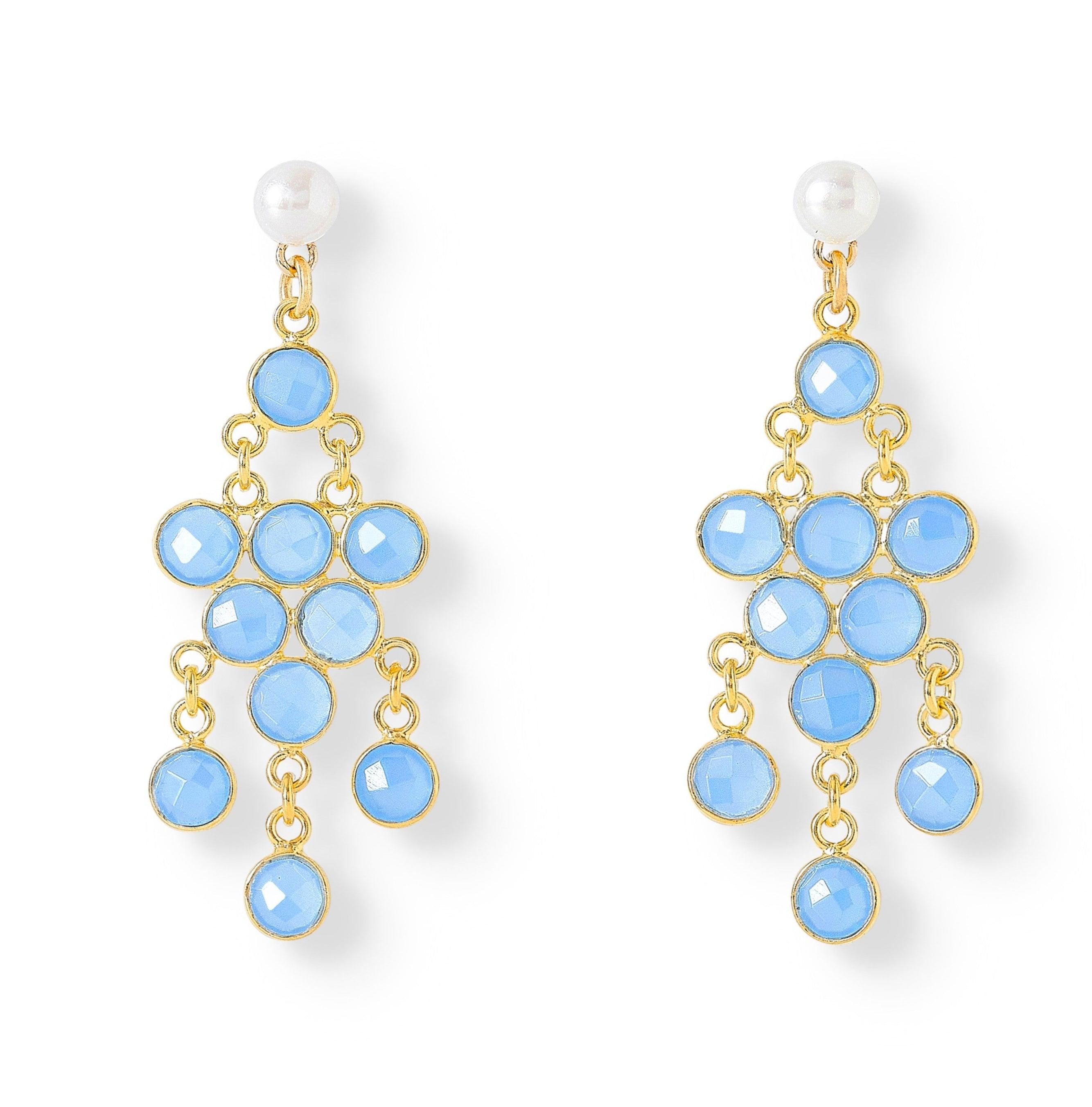 Pearls Of The Orient Online Women's White / Blue Clara Cultured Freshwater Pearl Earrings & Blue Chalcedony Chandelier Earrings