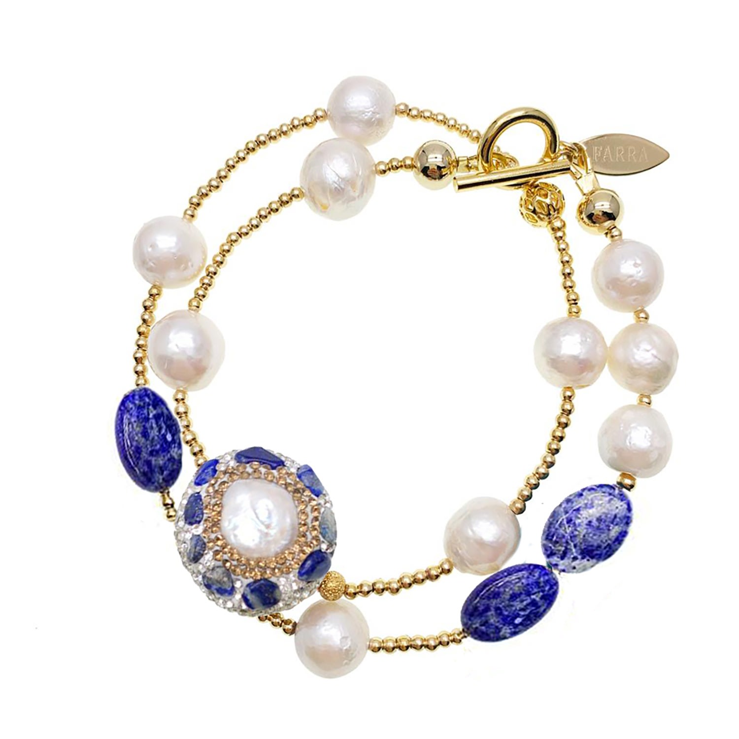 Farra Women's Blue / White Double Layers Pearls And Lapis Rhinestone Bracelet