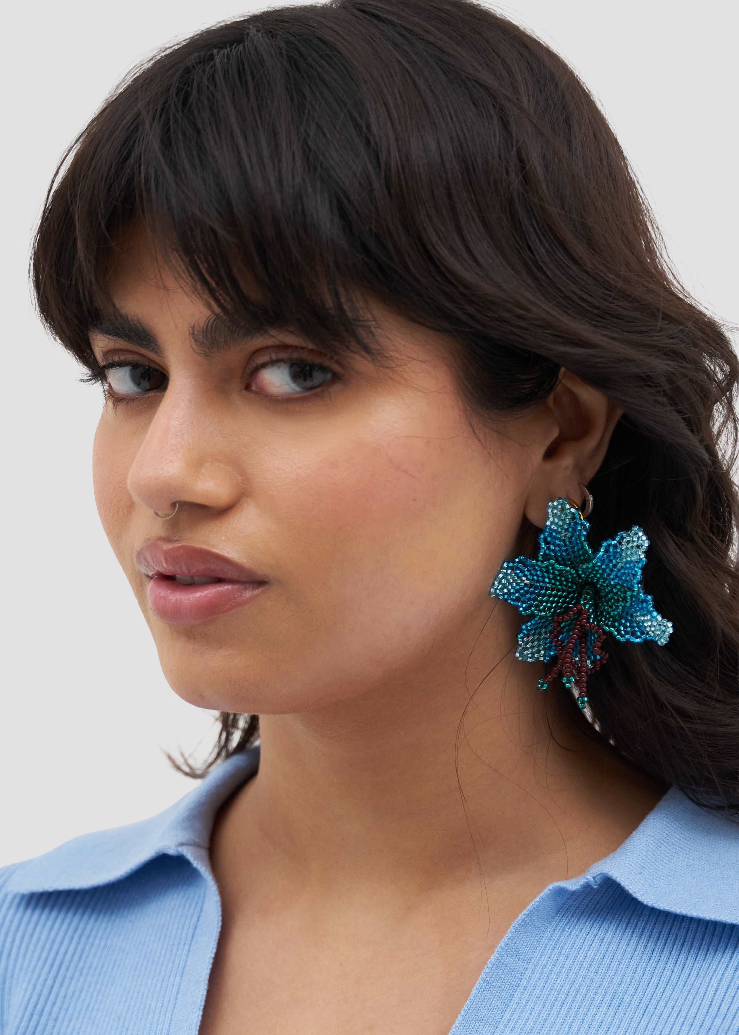 Selva | Beaded Mini Blue Orchid Bead Earrings | Manuela Cabrales