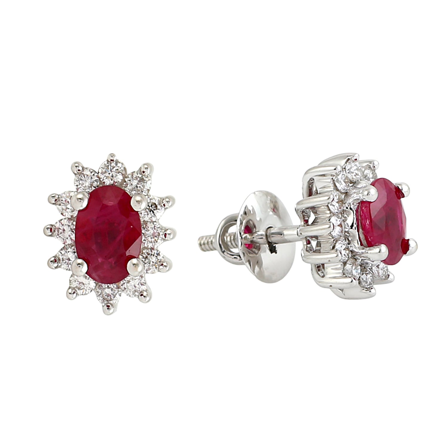 Artisan Women's White / Red Oval Cut Ruby & Diamond Stud Earrings In White Gold