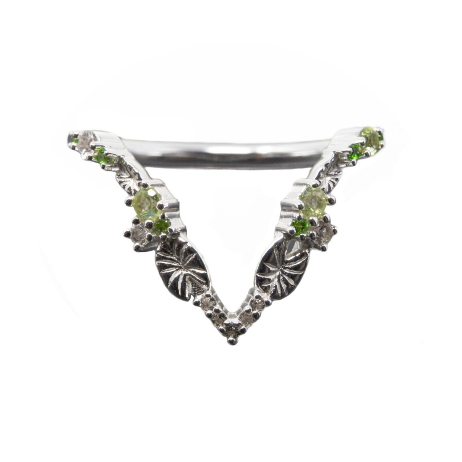 Nasi Silver Women's Green / White Lilypad Wishbone Ring- Peridot- Chrome Diopside- White Topaz- Silver